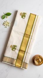 Kerala kasavu saree with elephant embroidered motifs