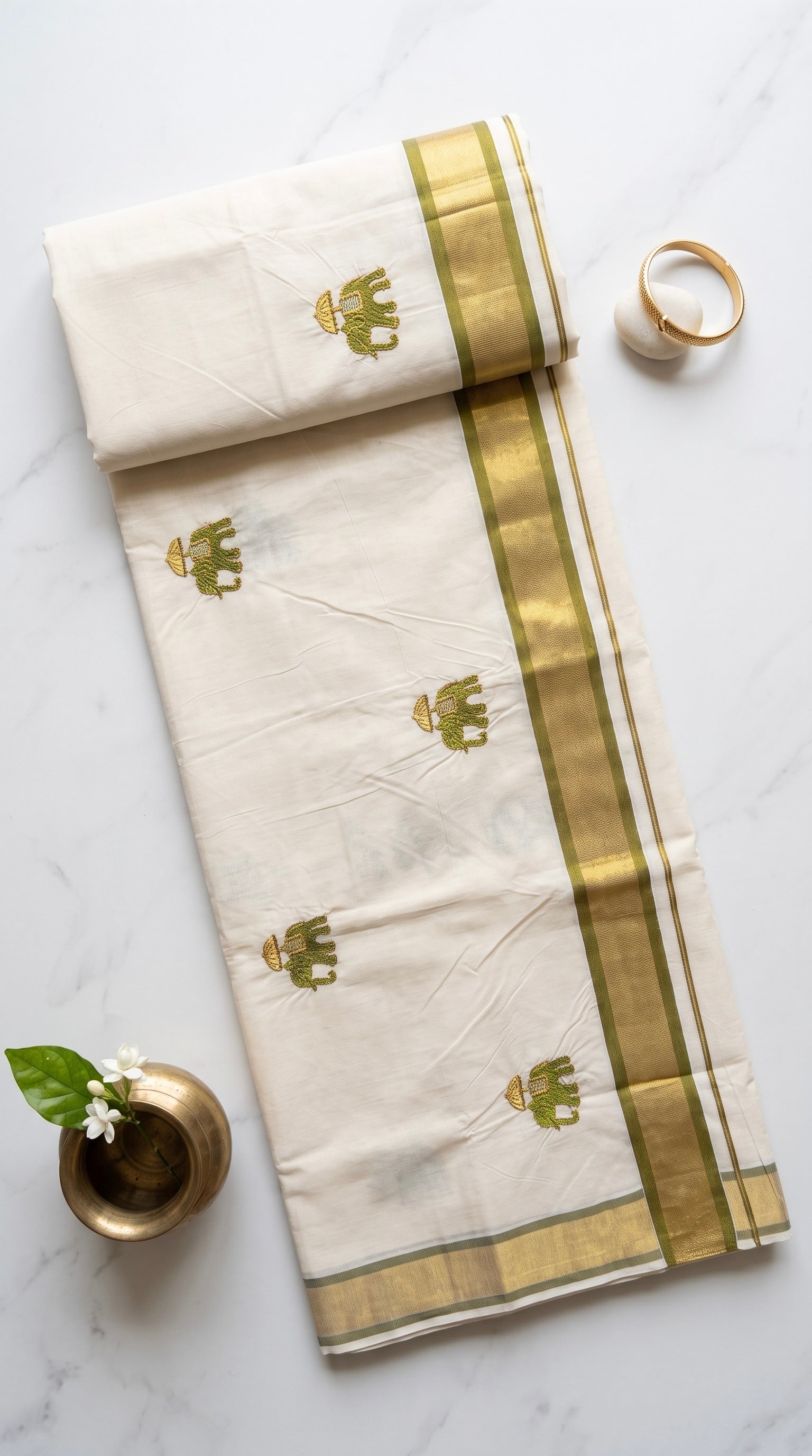 Kerala kasavu saree with elephant embroidered motifs