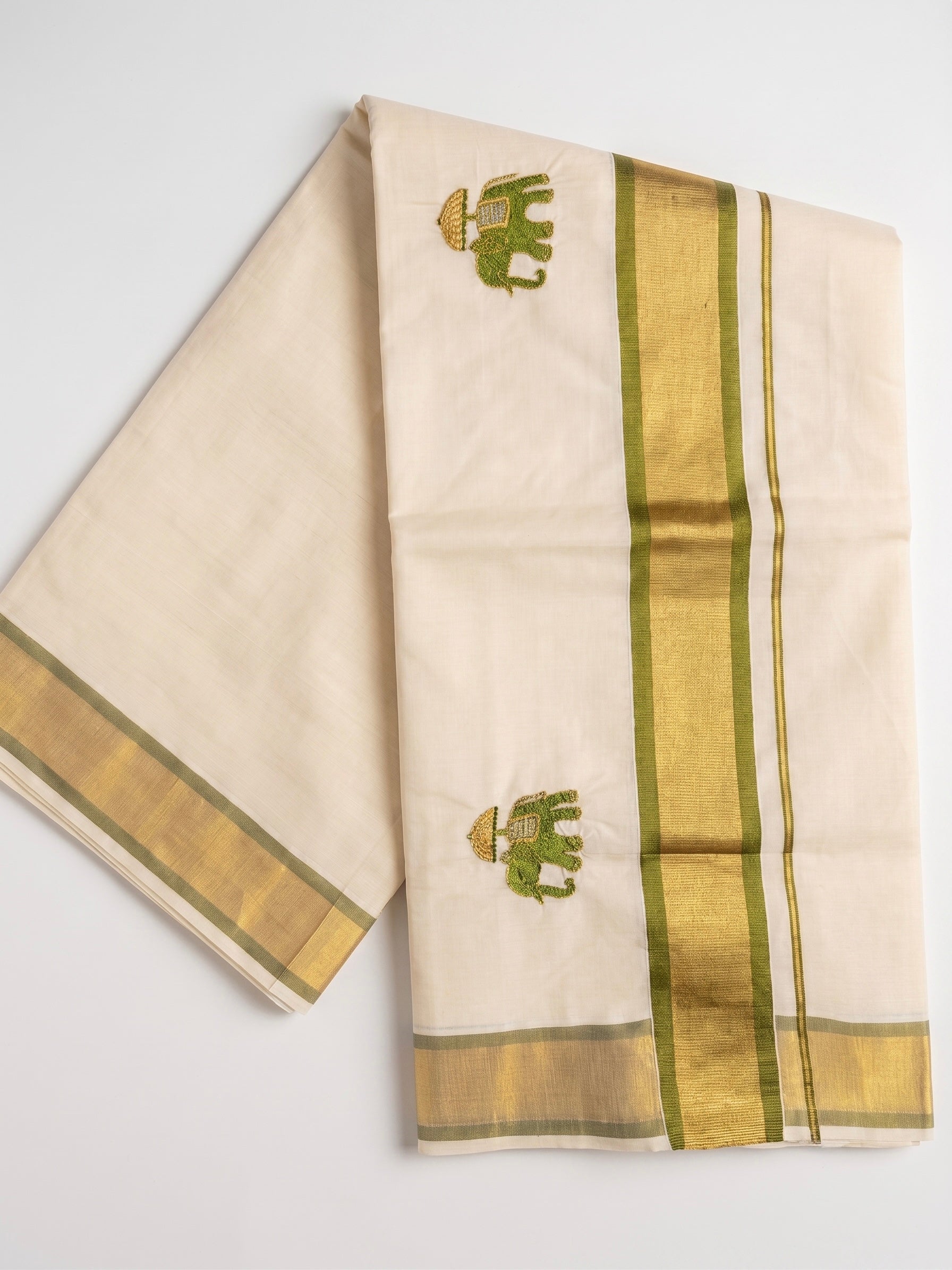 Kerala kasavu saree with elephant embroidered motifs