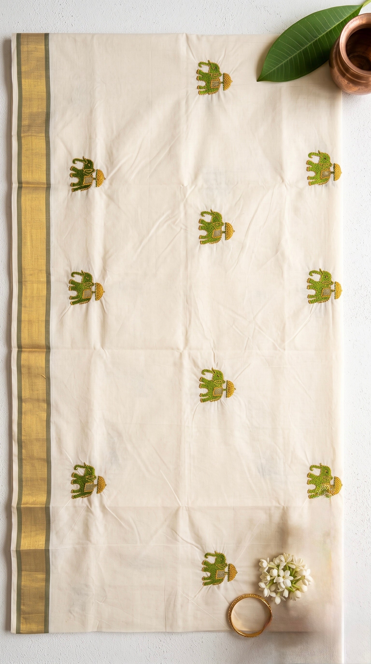 Kerala kasavu saree with elephant embroidered motifs