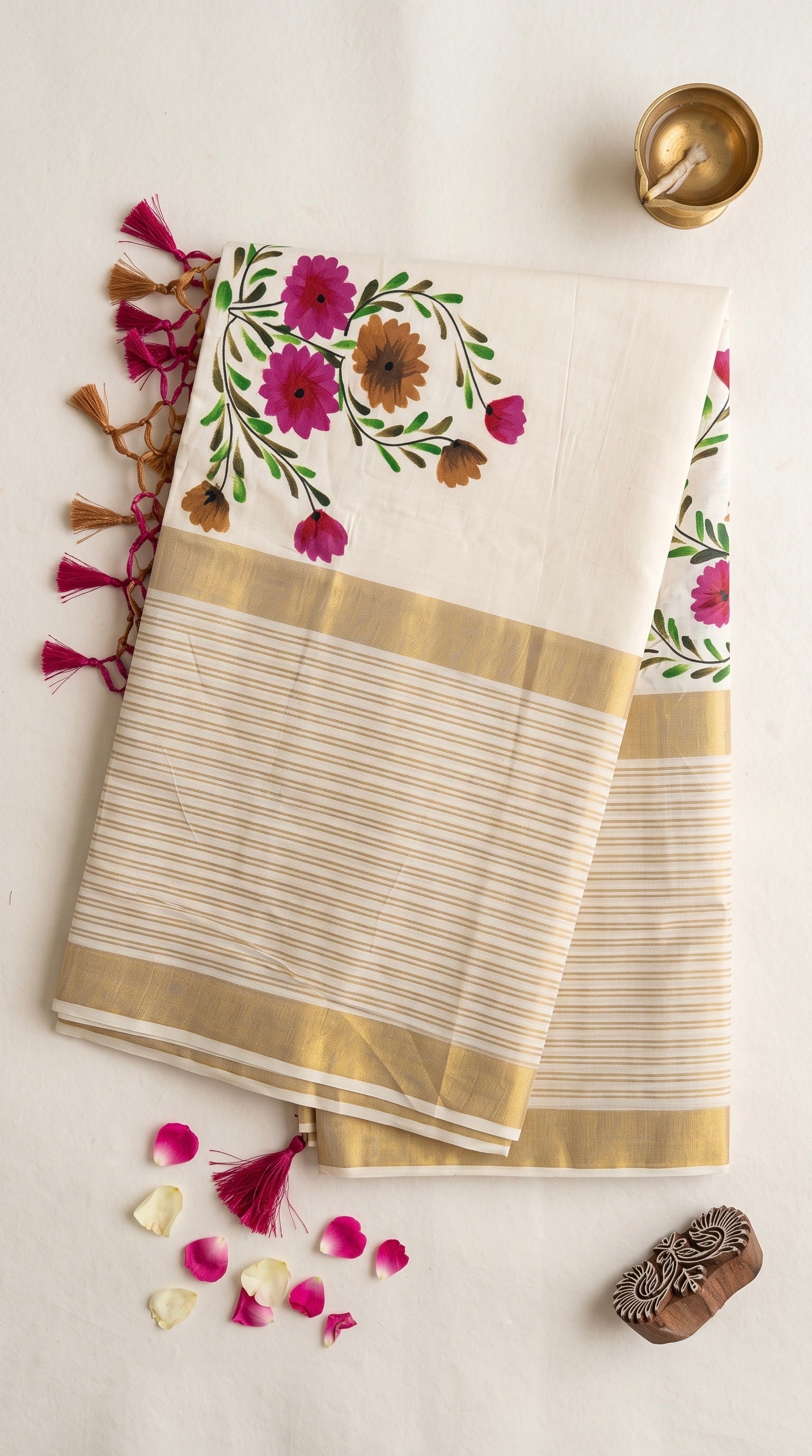 Kerala kasavu saree with handpainted floral bouquet design