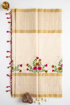 Kerala kasavu saree with handpainted floral bouquet design