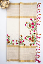 Kerala kasavu saree with handpainted floral bouquet design