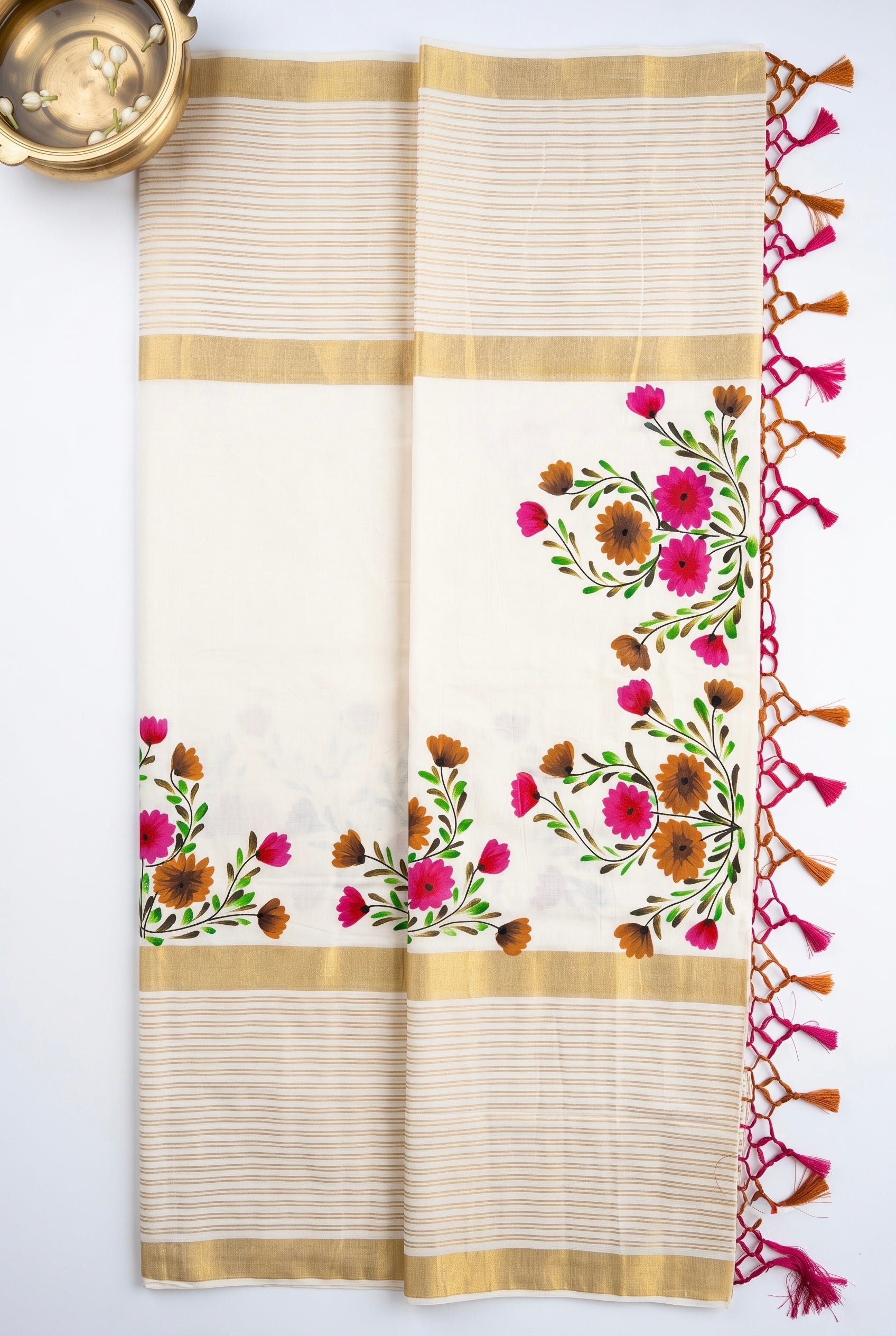 Kerala kasavu saree with handpainted floral bouquet design