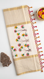Kerala kasavu saree with handpainted floral design