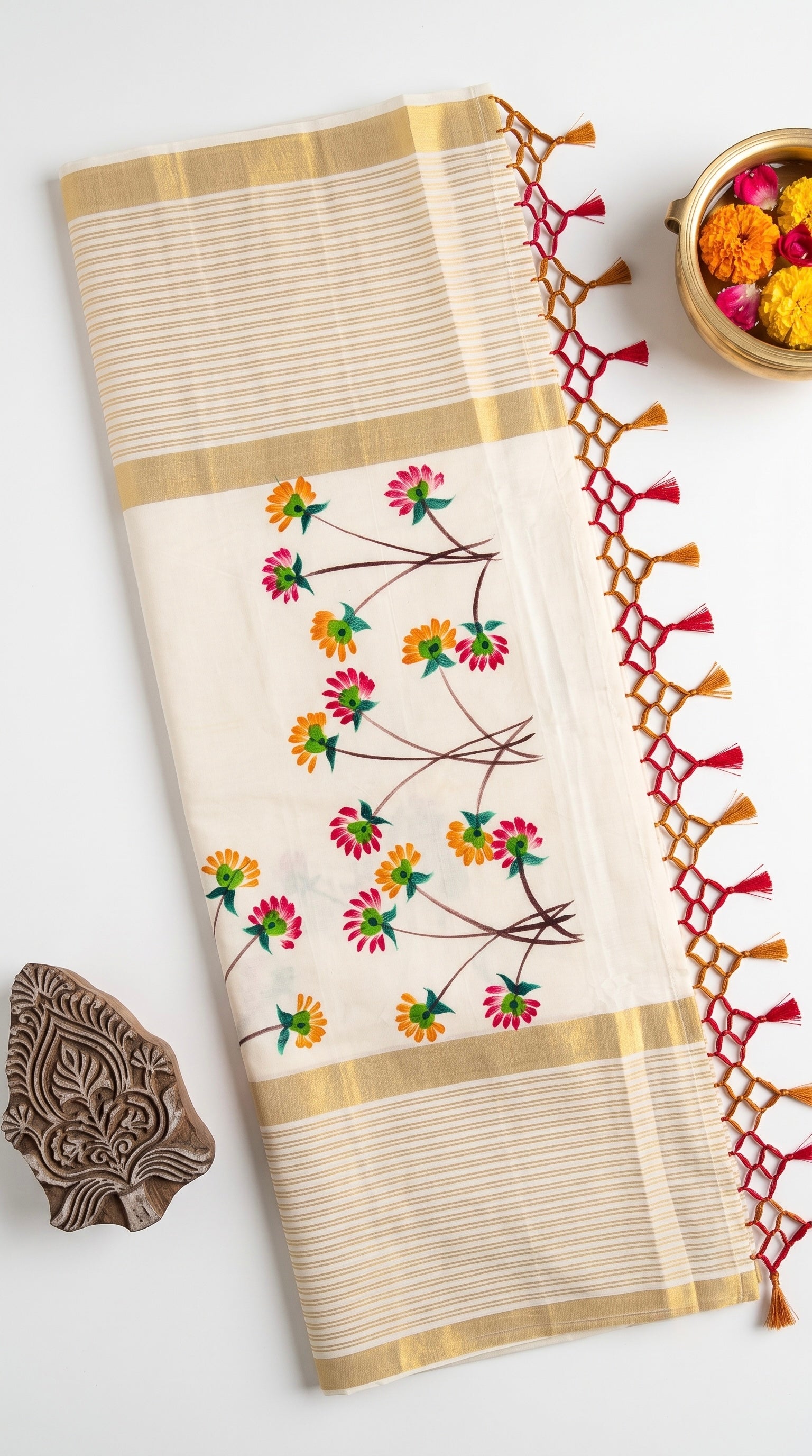 Kerala kasavu saree with handpainted floral design