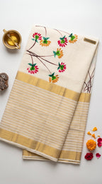Kerala kasavu saree with handpainted floral design