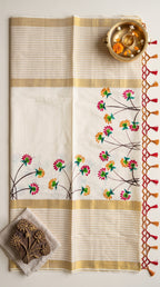 Kerala kasavu saree with handpainted floral design