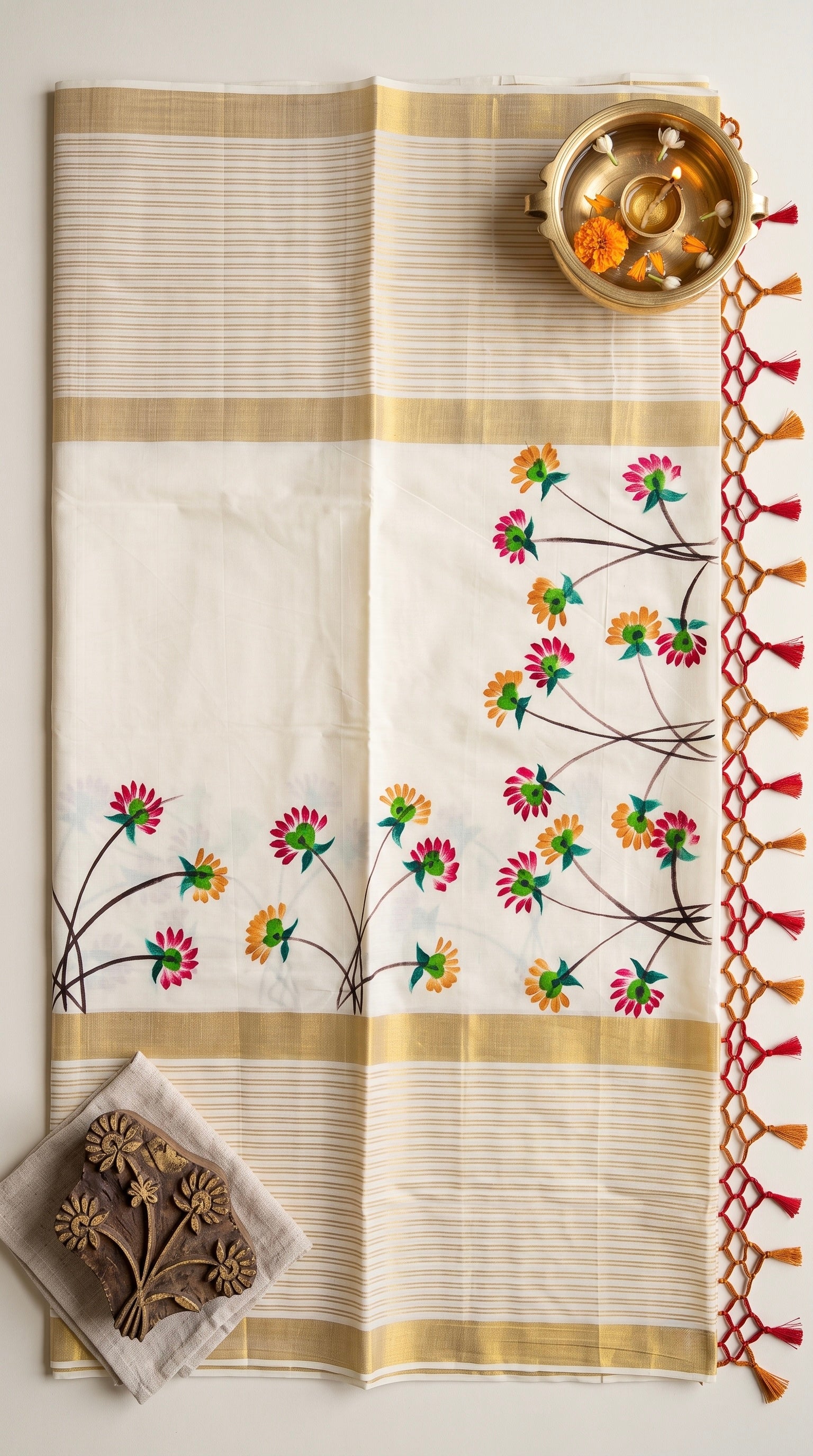 Kerala kasavu saree with handpainted floral design