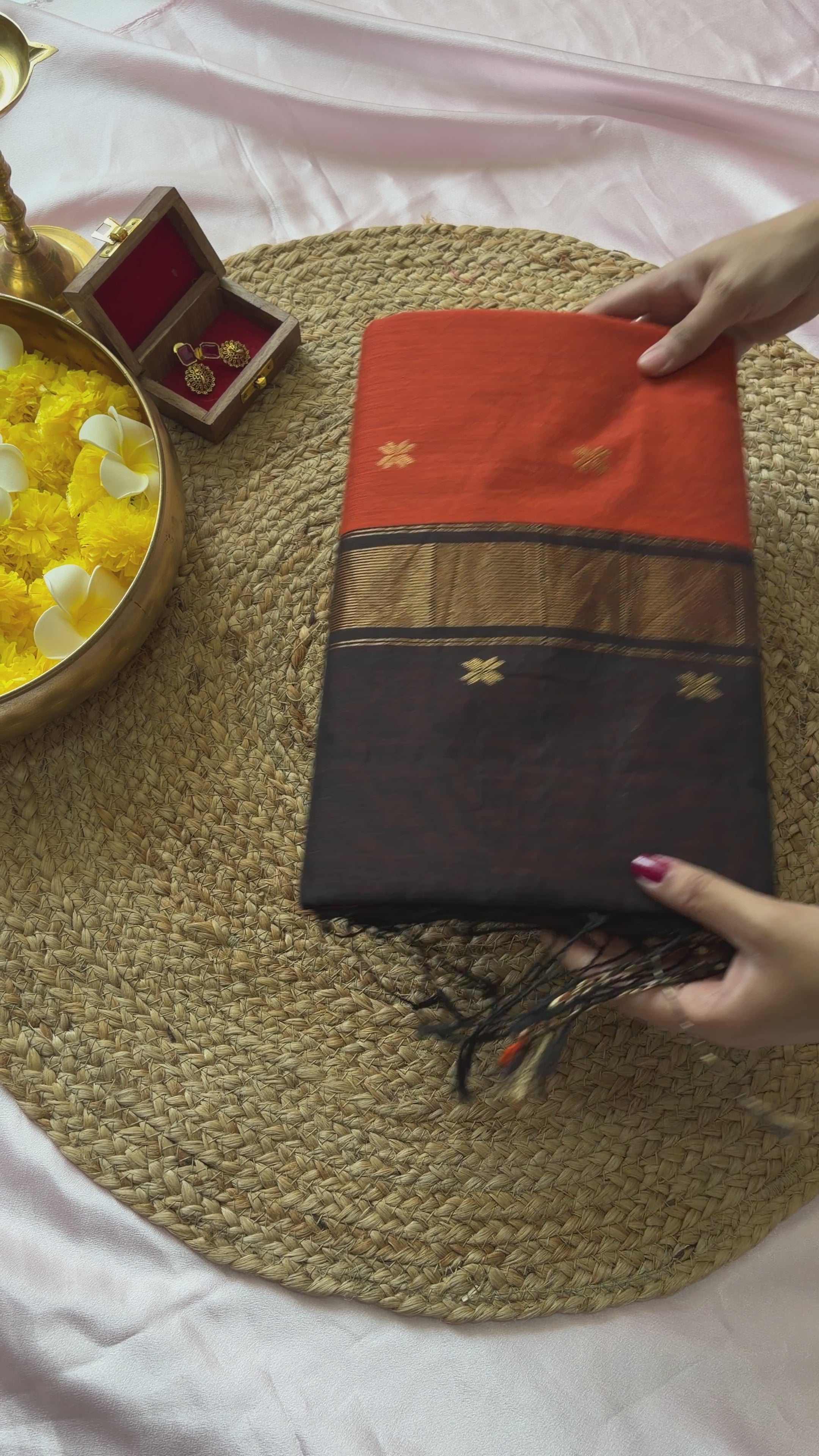 Avani-Maheswari Cotton Silk Saree-Burnt Orange and Espresso Pallu