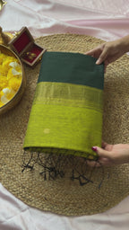 Veda - Maheswari Cotton Silk Saree - Pine Green and Olive Contrast Pallu