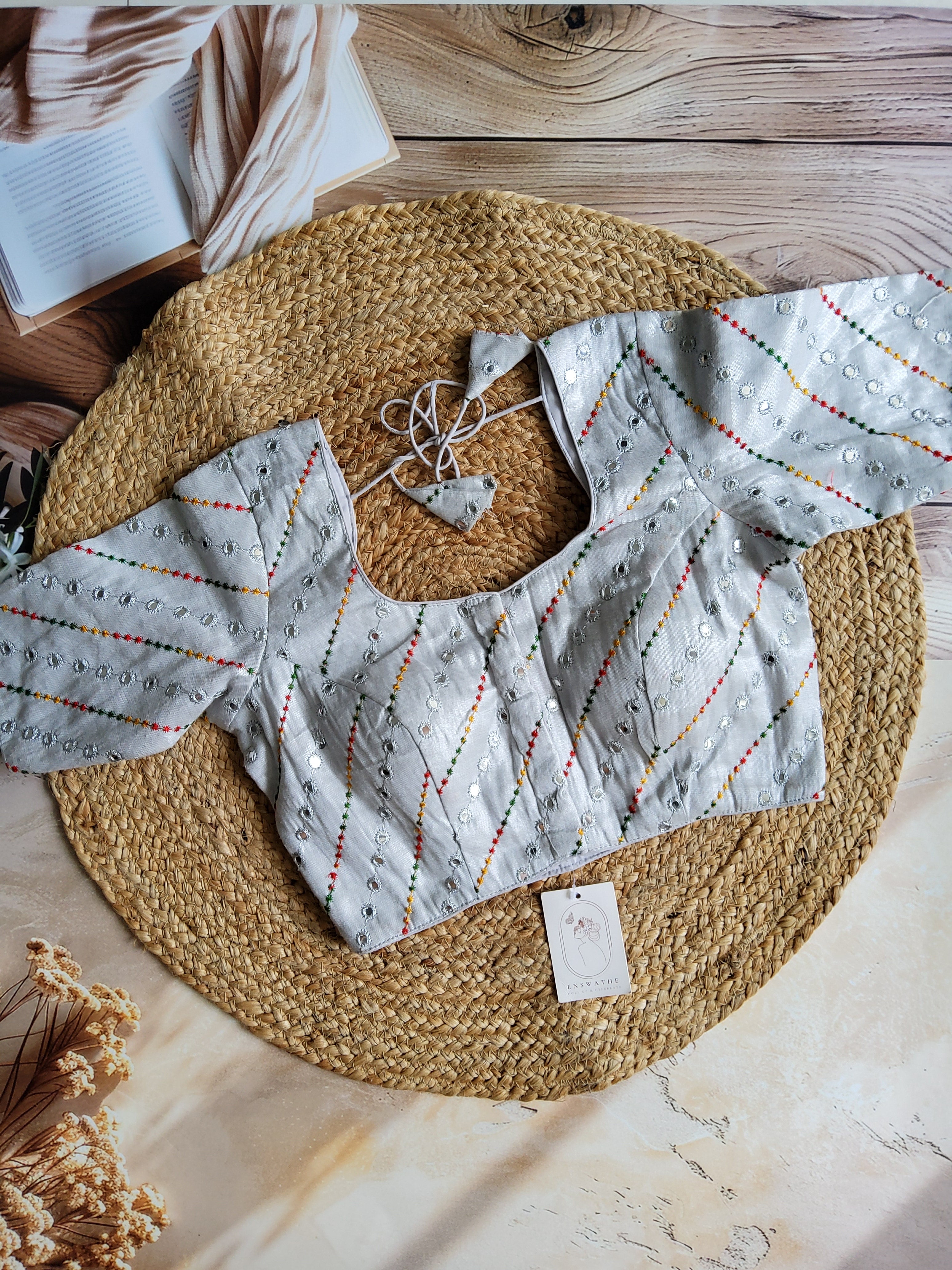 Multi colour thread and mirror embroidered tissue blouse