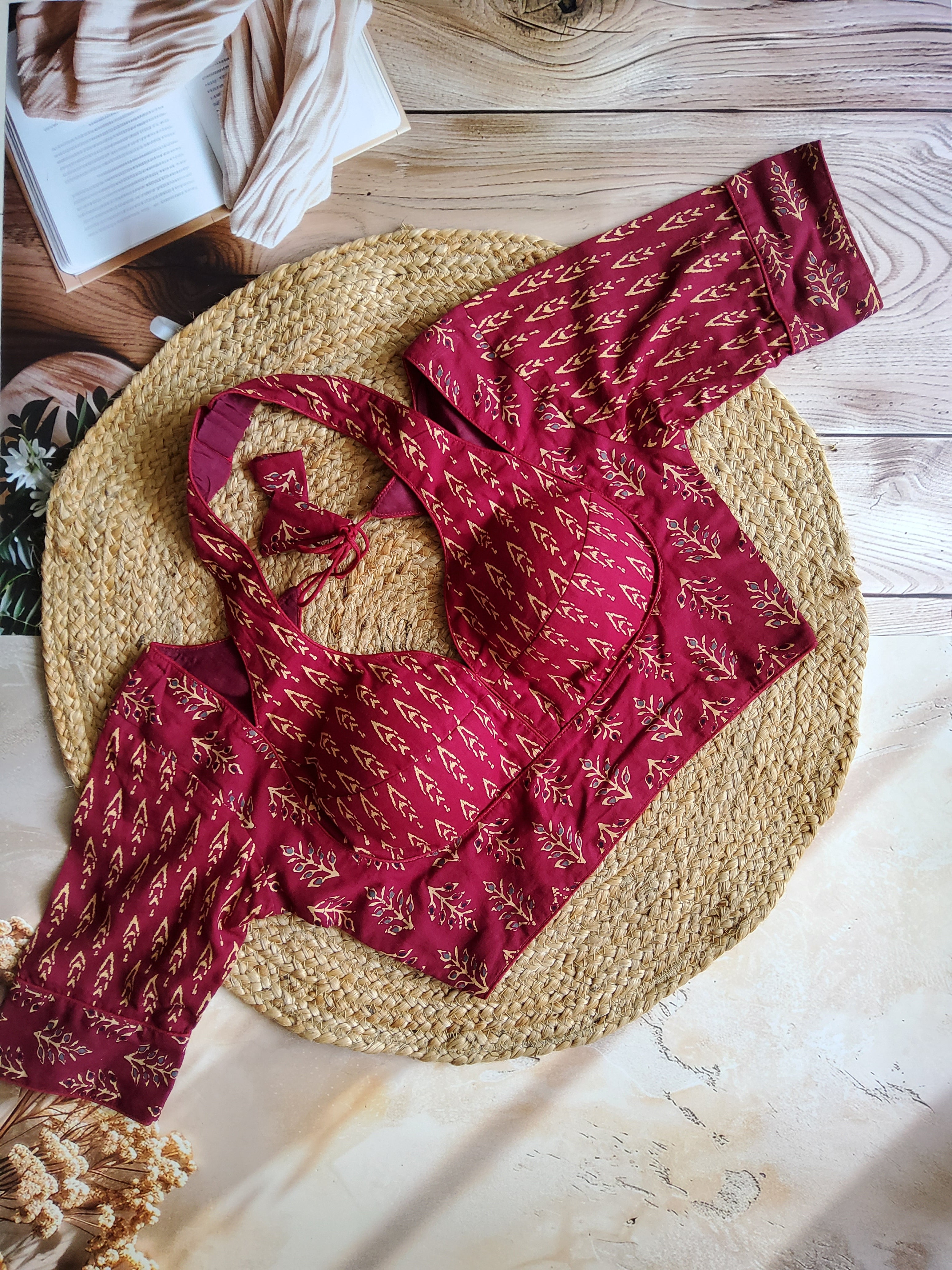 Ajrakh Cotton Half Sleeve Halter neck (with hook) Padded blouse