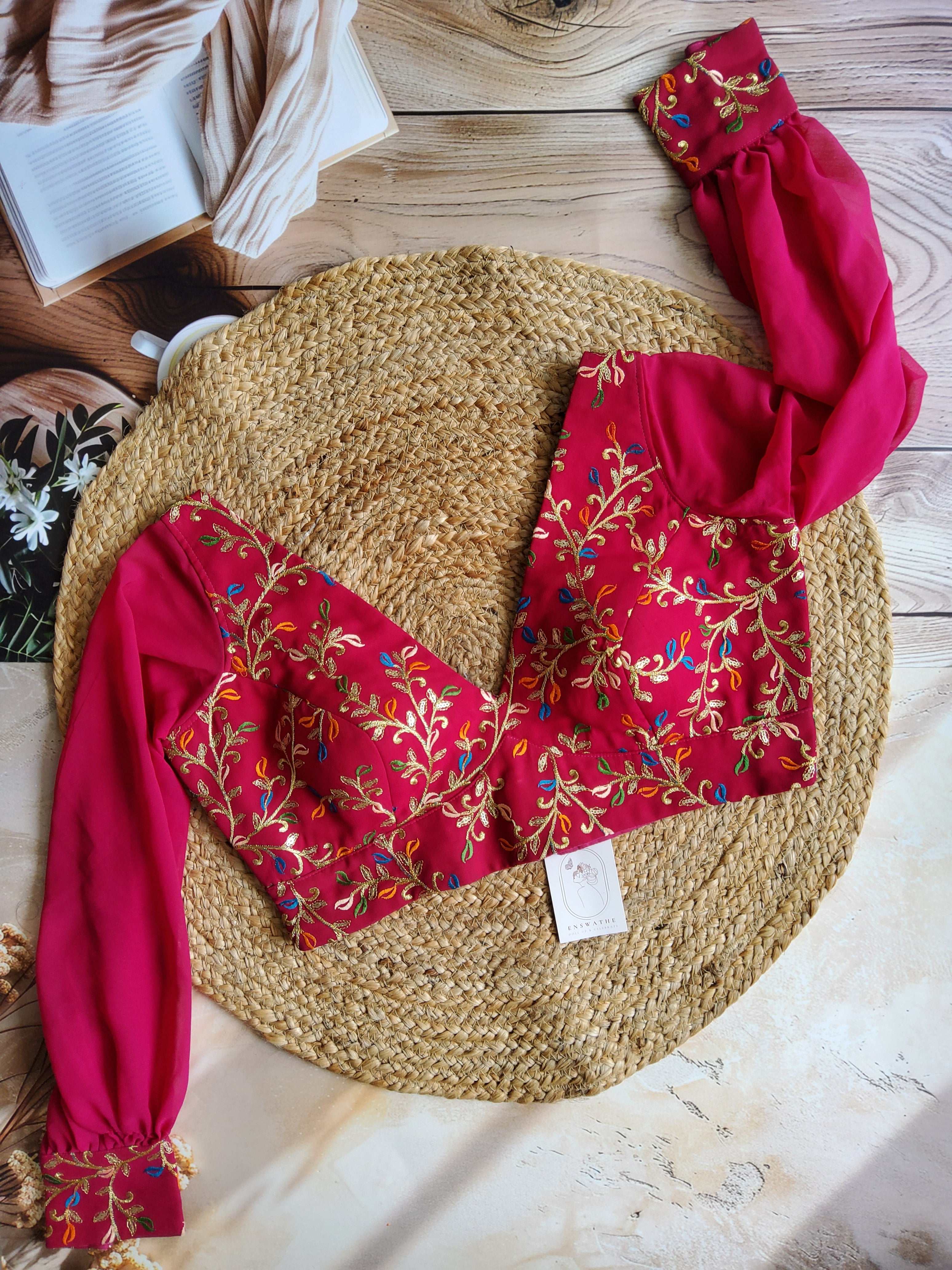 Deep V neck Bishop Sleeves Embroidered Blouse