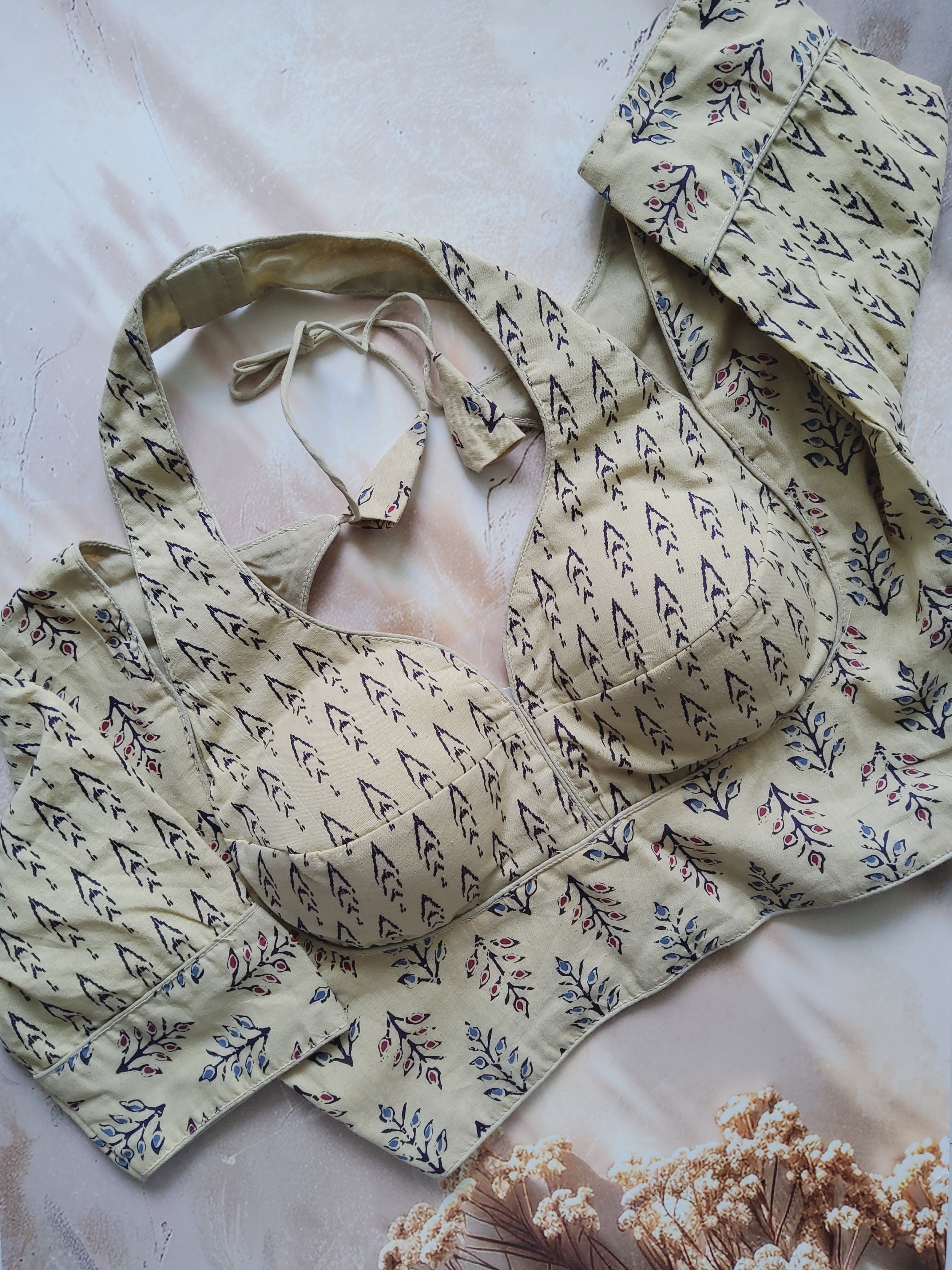 Ajrakh Cotton Half Sleeve Halter neck (with hook) Padded blouse