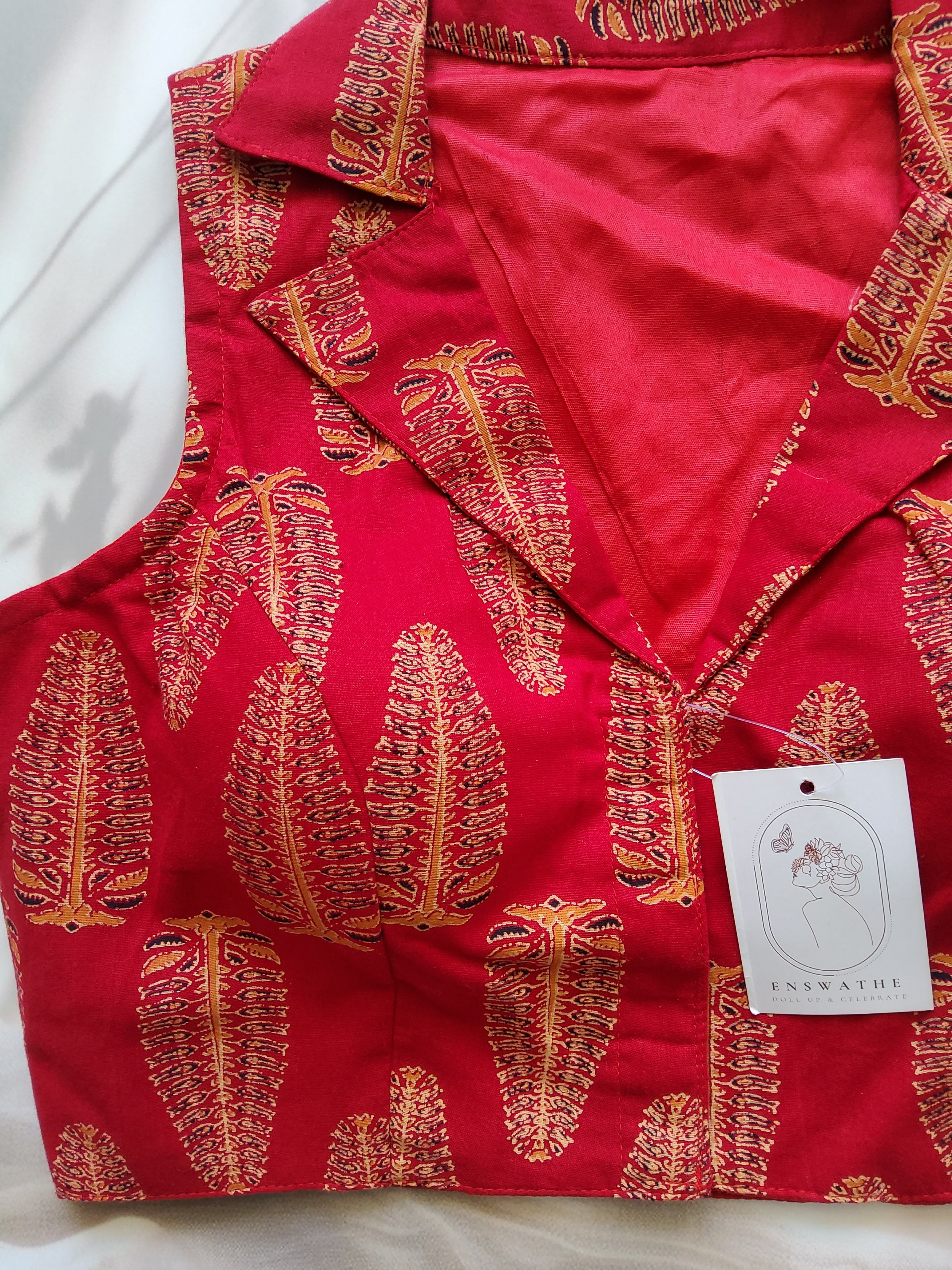 Ajrakh Cotton Sleeveless Notched Collared Padded Blouse