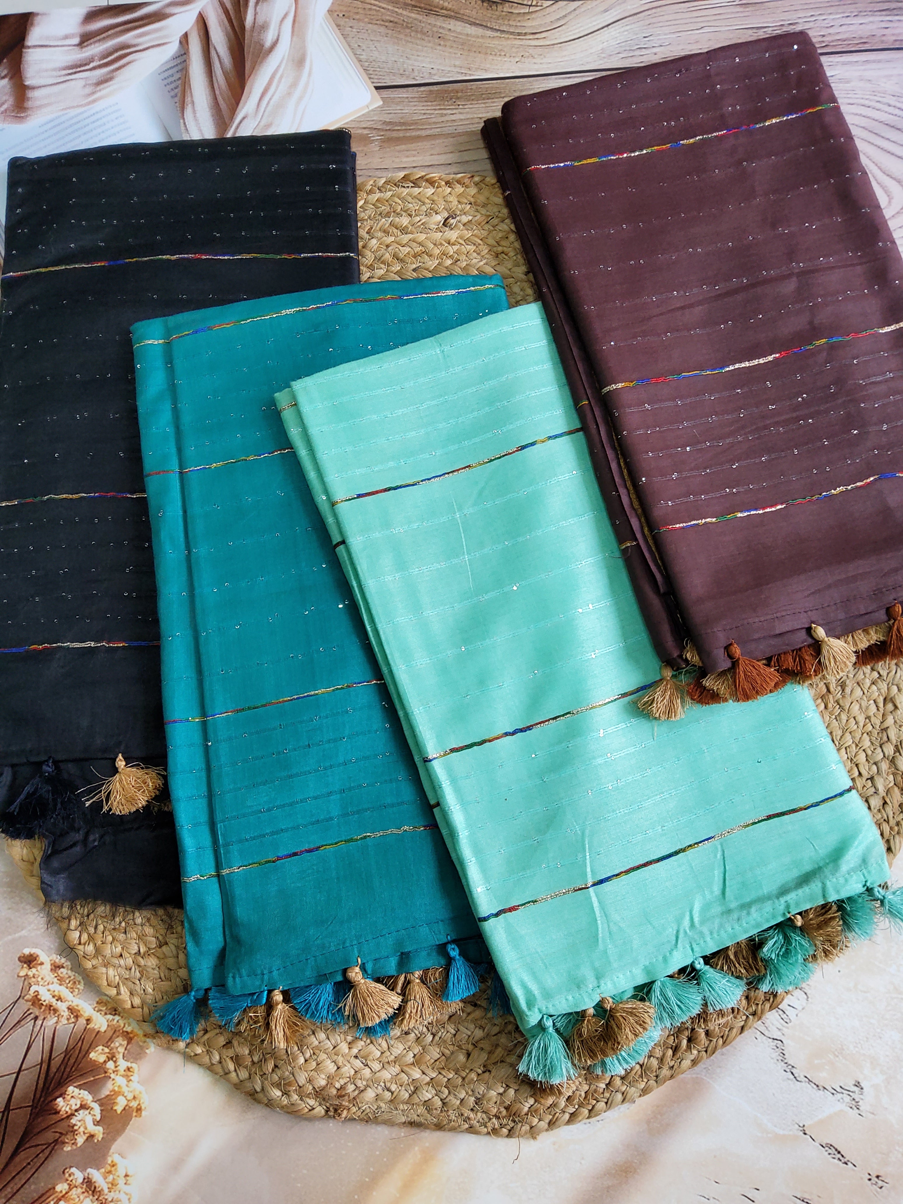 Cotton Silk Saree with gold zari stripes and Sequin pallu