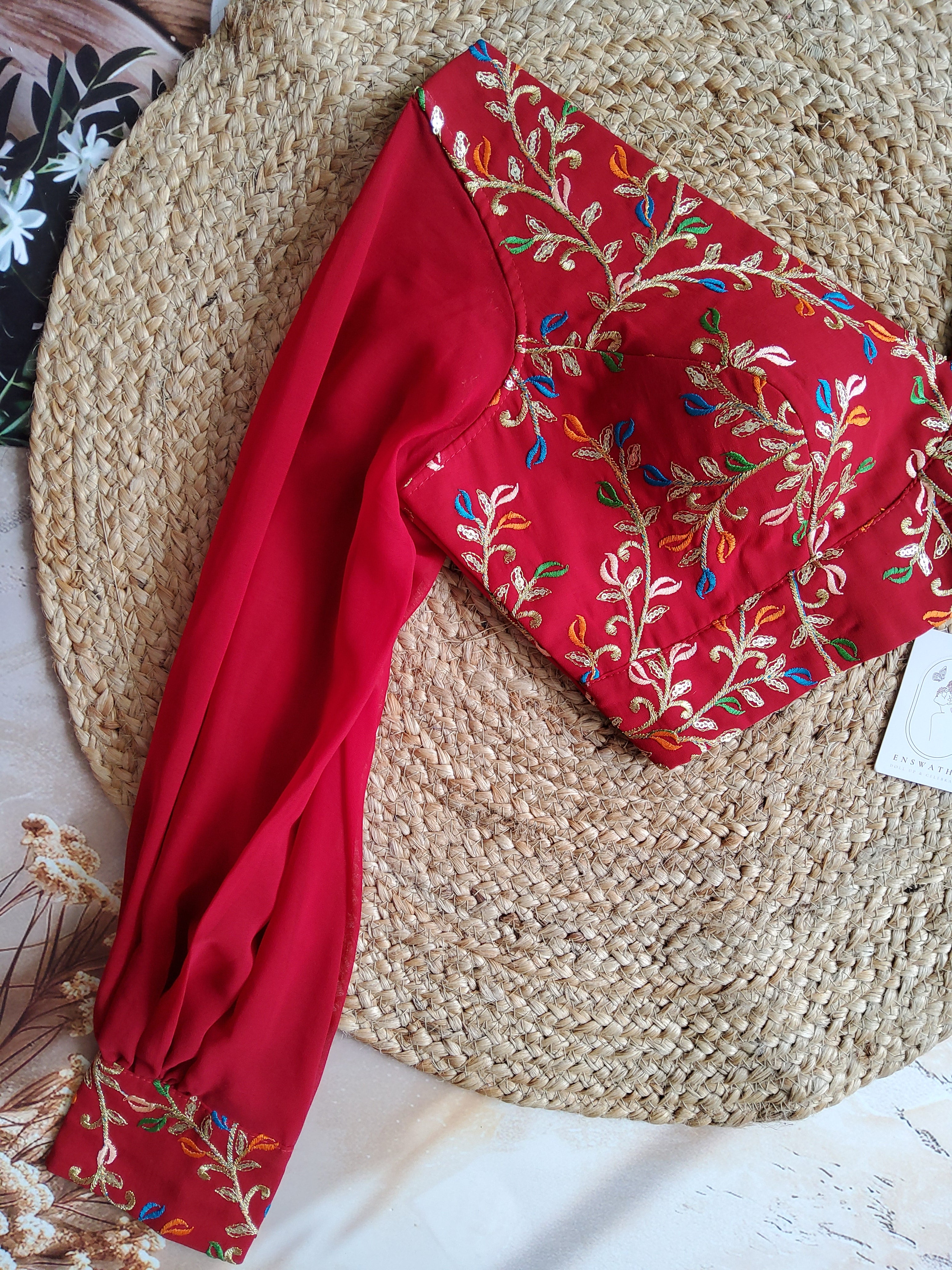 Deep V neck Bishop Sleeves Embroidered Blouse