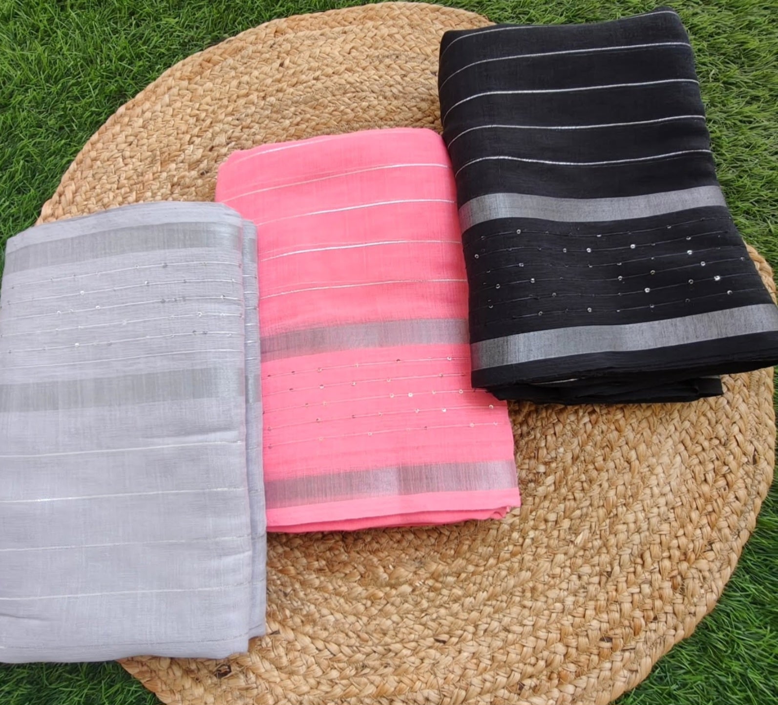 Linen saree with zari stripes and sequin pallu