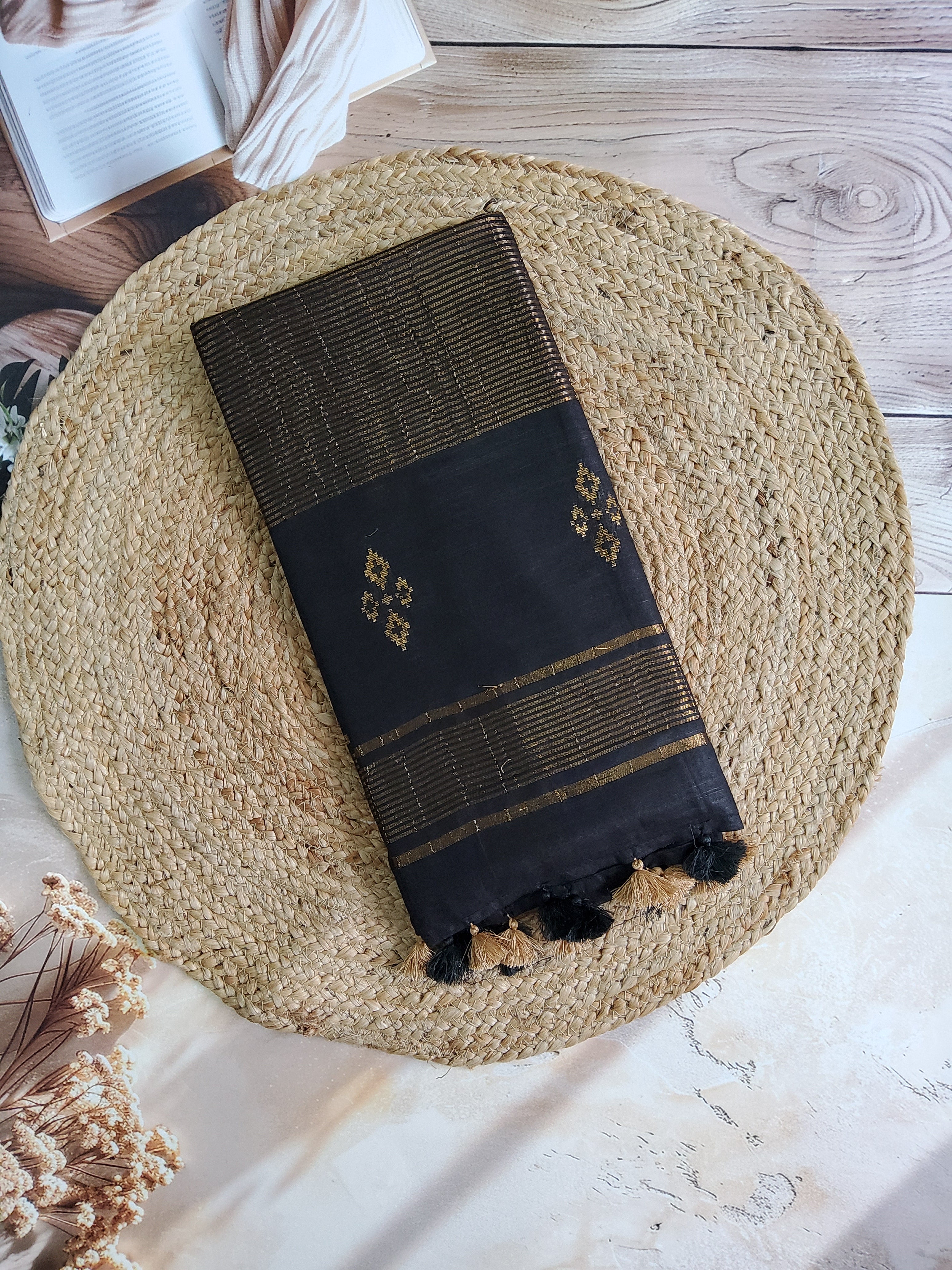 Black cotton Silk saree with gold zari motifs