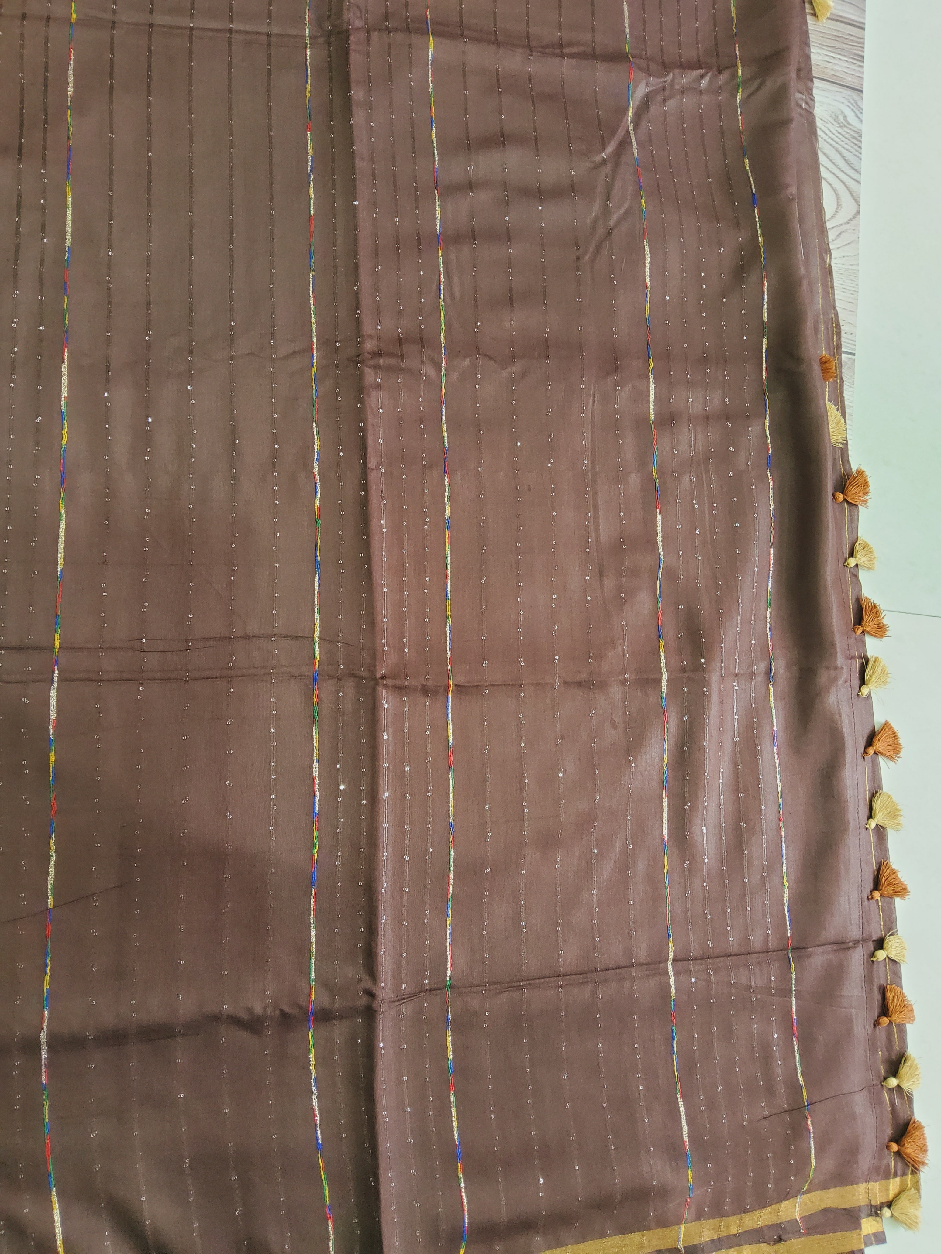 Cotton Silk Saree with gold zari stripes and Sequin pallu