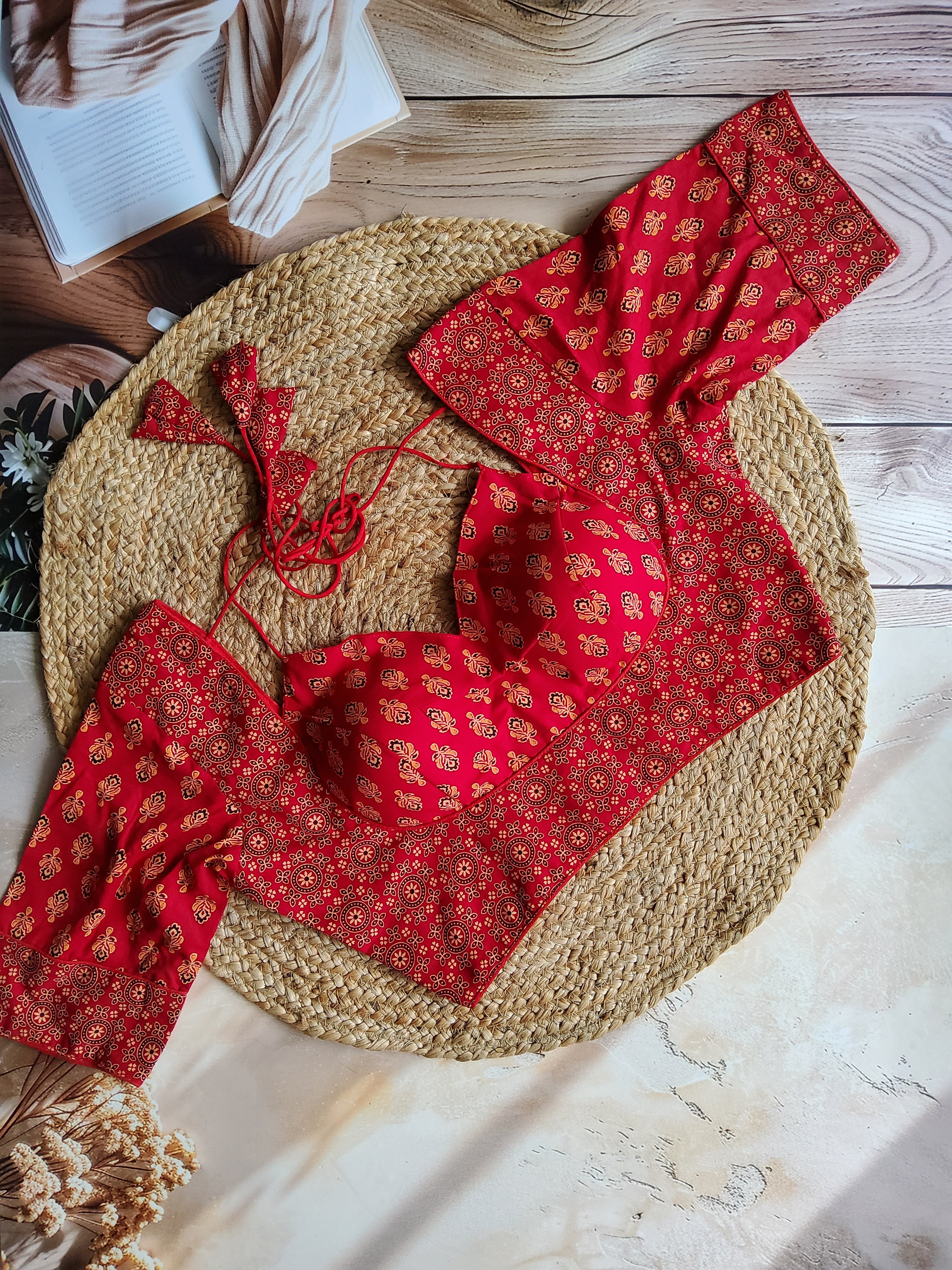 Ajrakh Cotton Half Sleeve Halter neck (with knot) Padded blouse