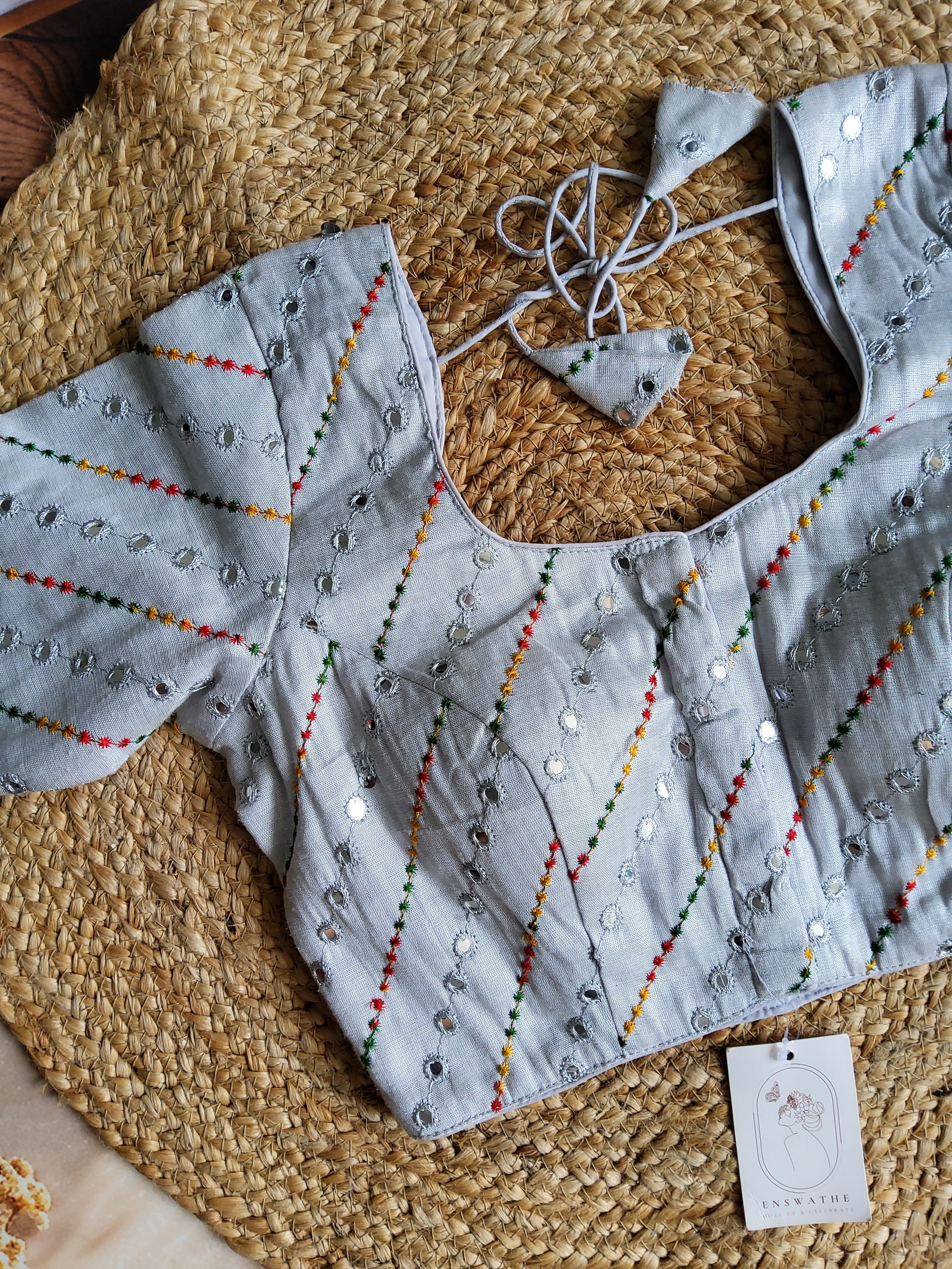 Multi colour thread and mirror embroidered tissue blouse