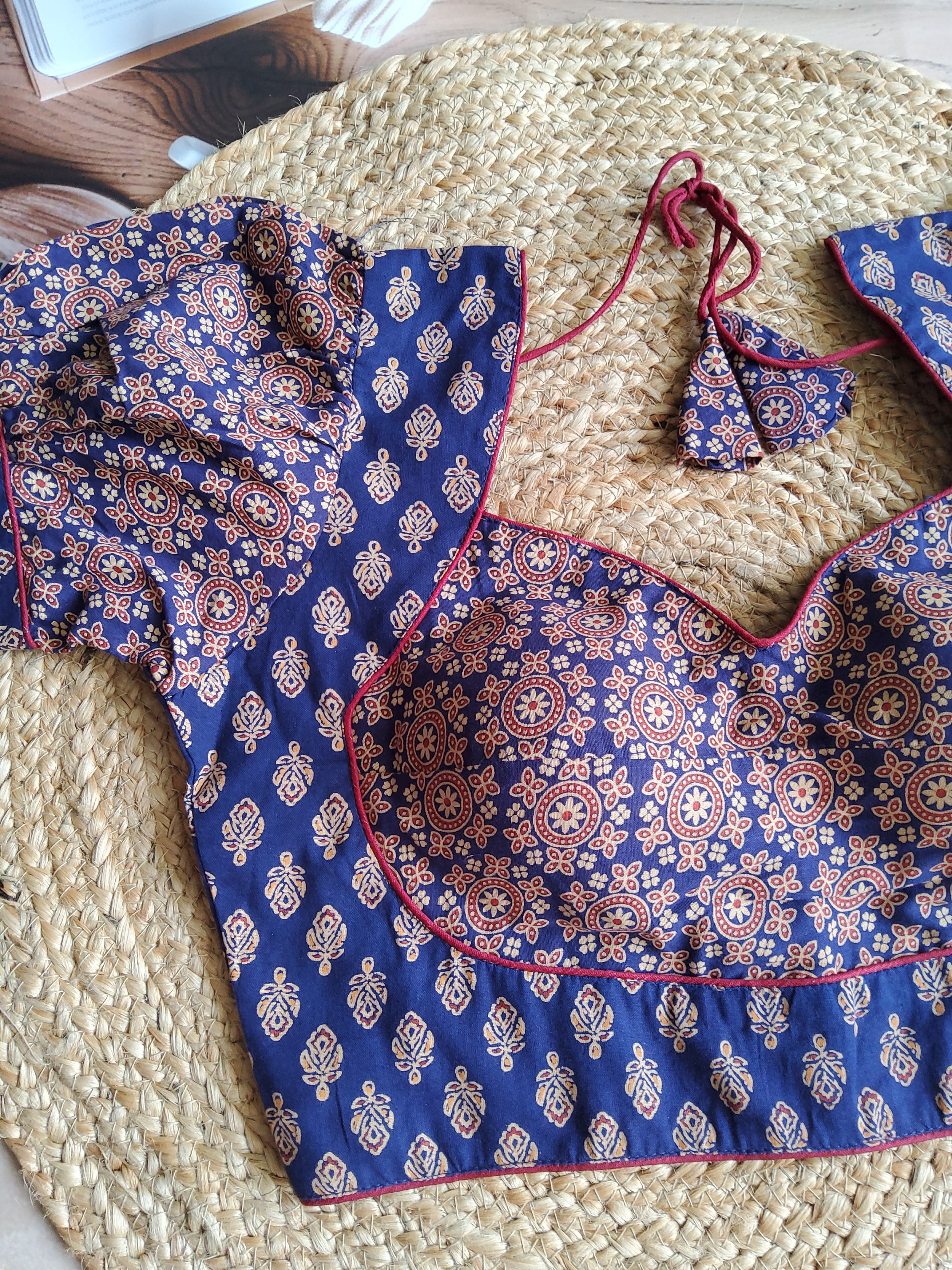 Ajrakh Katori blouse with puff sleeves