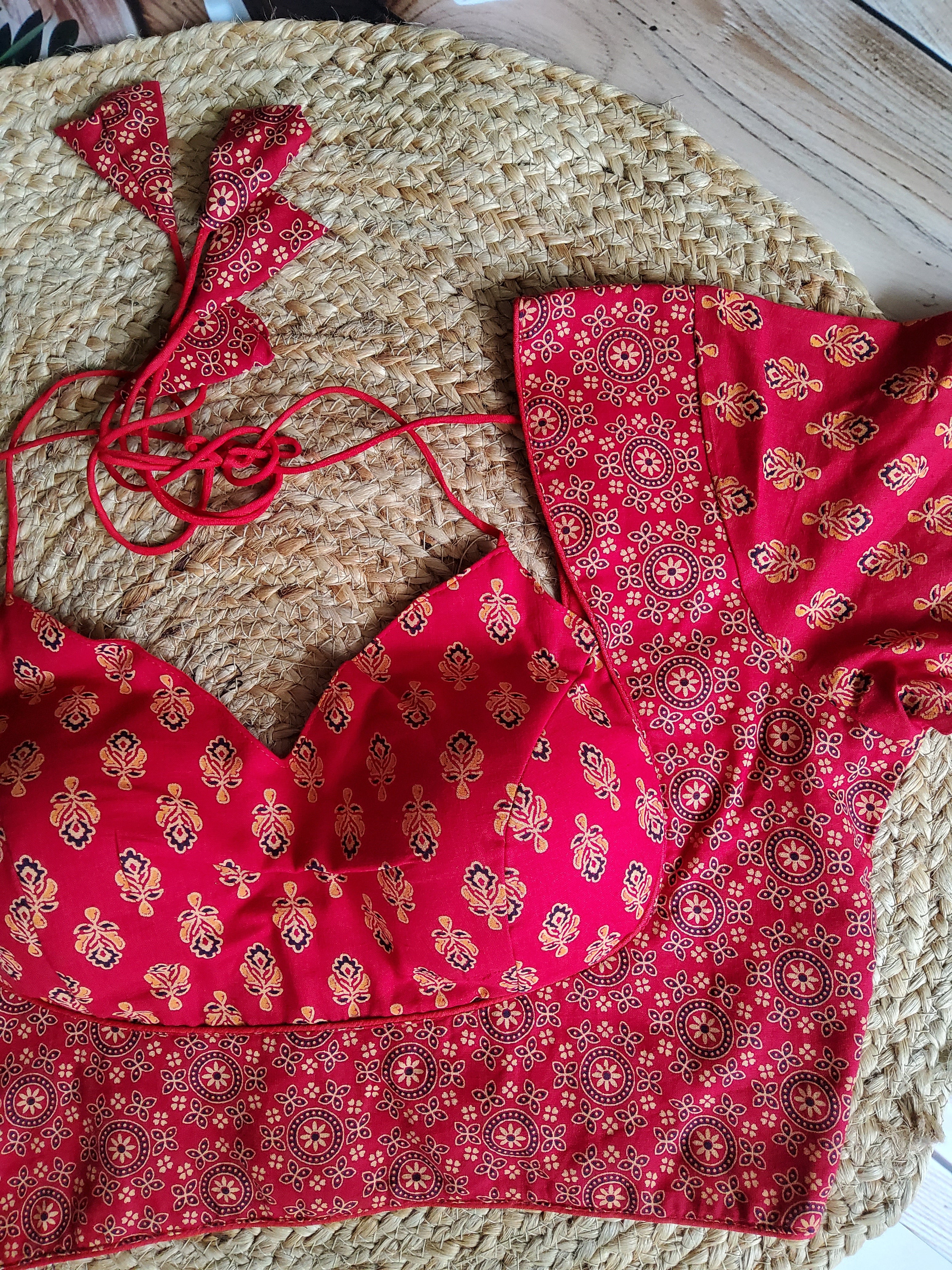 Ajrakh Cotton Half Sleeve Halter neck (with knot) Padded blouse