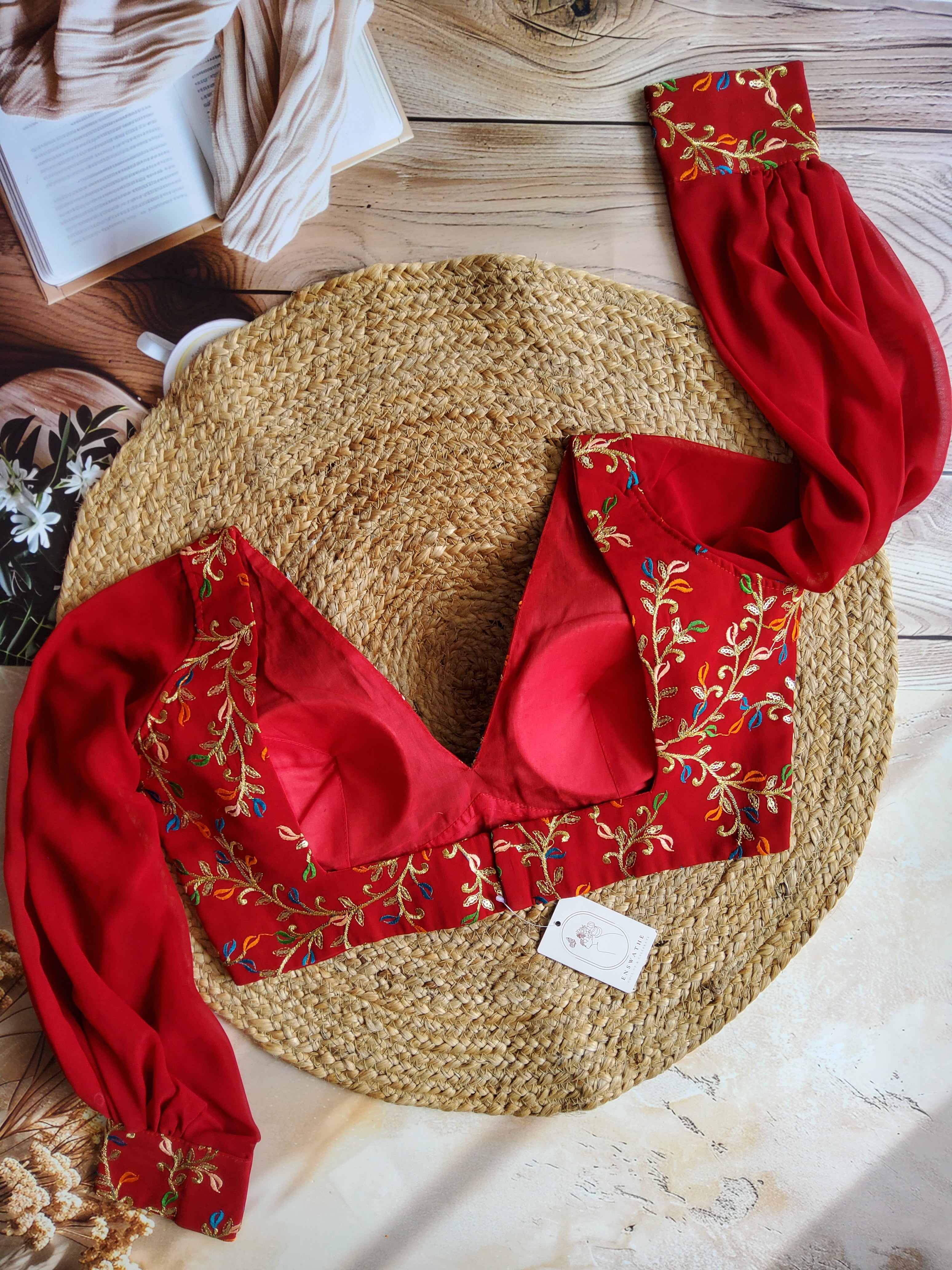 Deep V neck Bishop Sleeves Embroidered Blouse