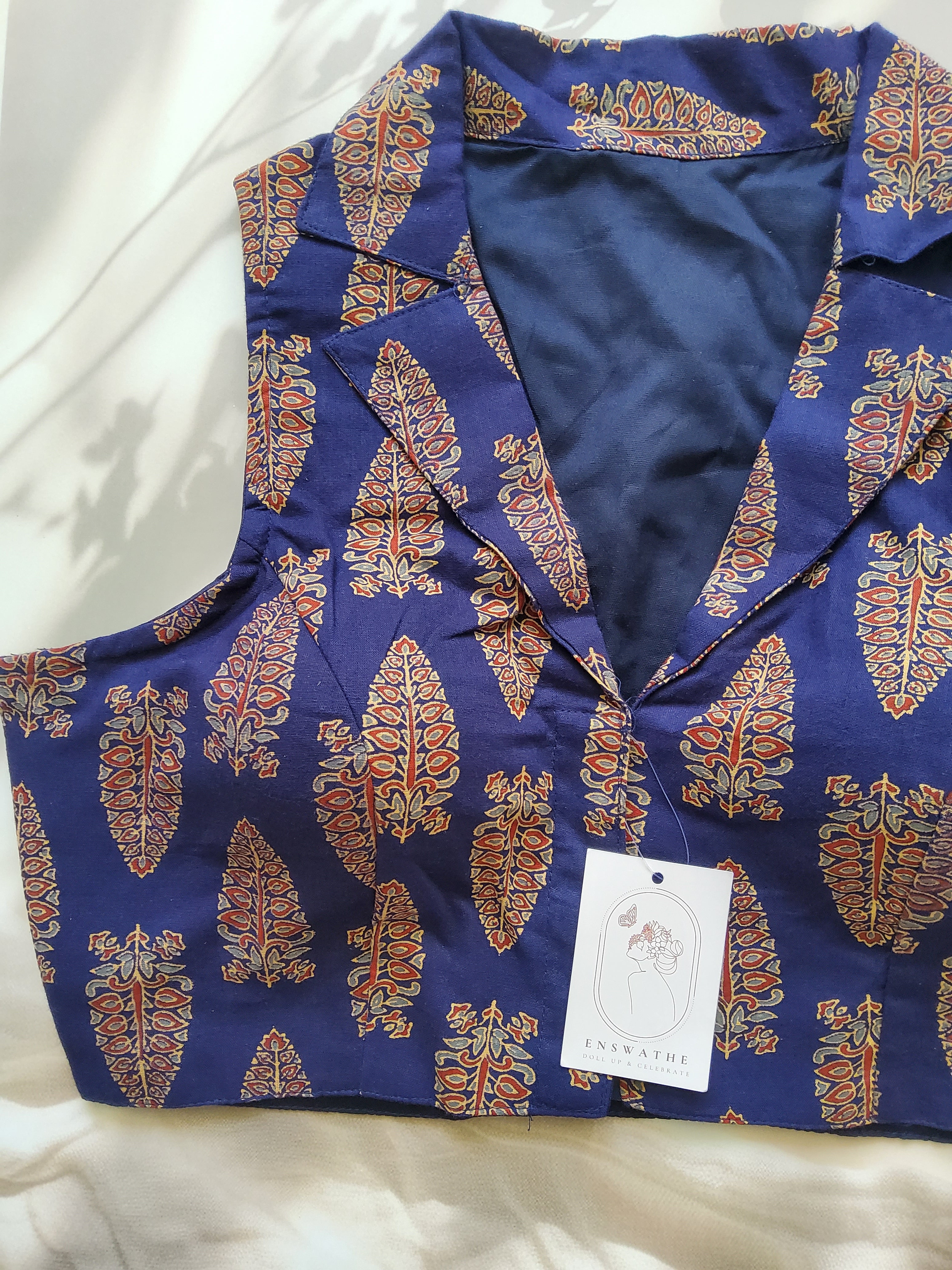 Ajrakh Cotton Sleeveless Notched Collared Padded Blouse