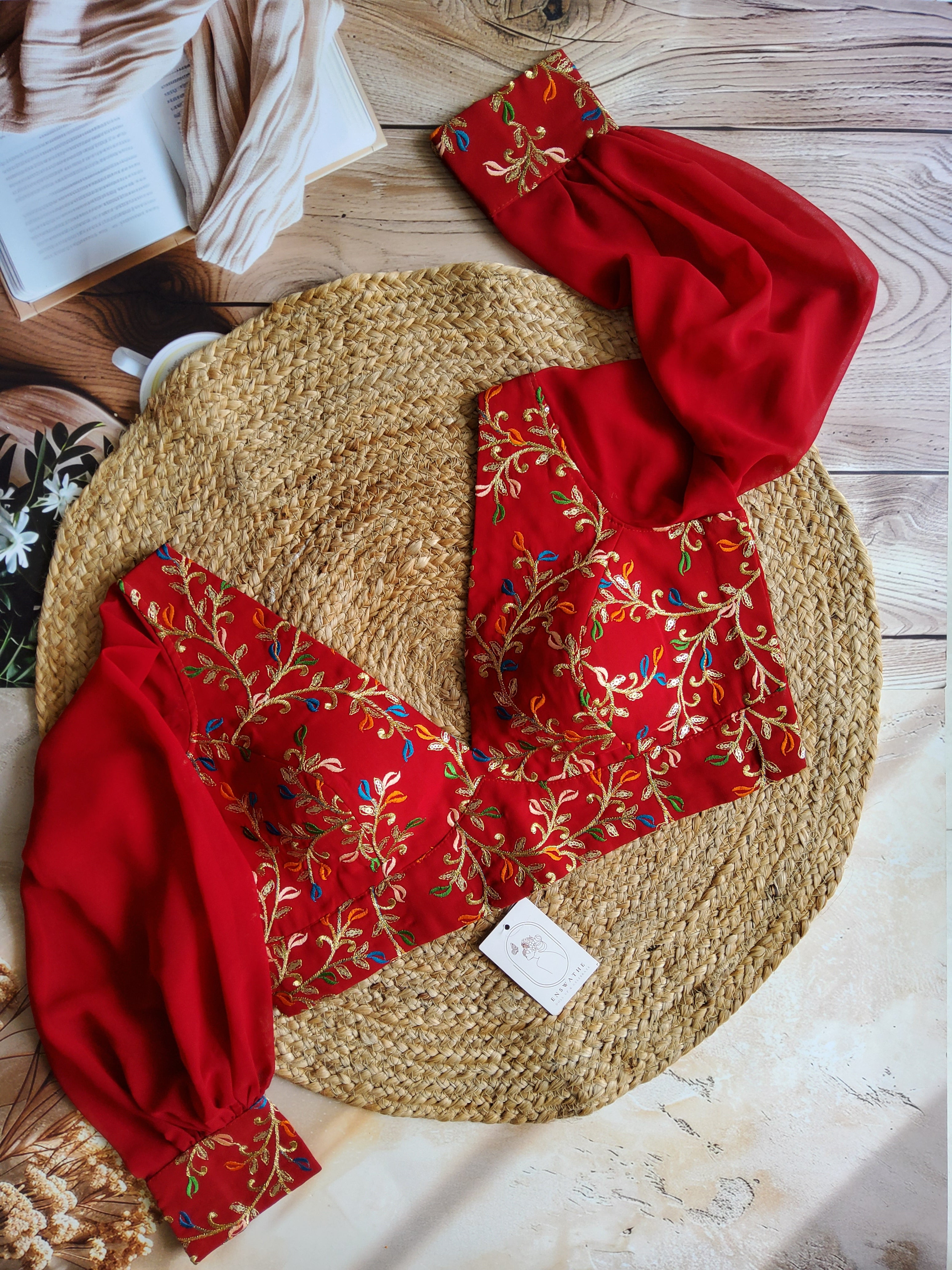 Deep V neck Bishop Sleeves Embroidered Blouse