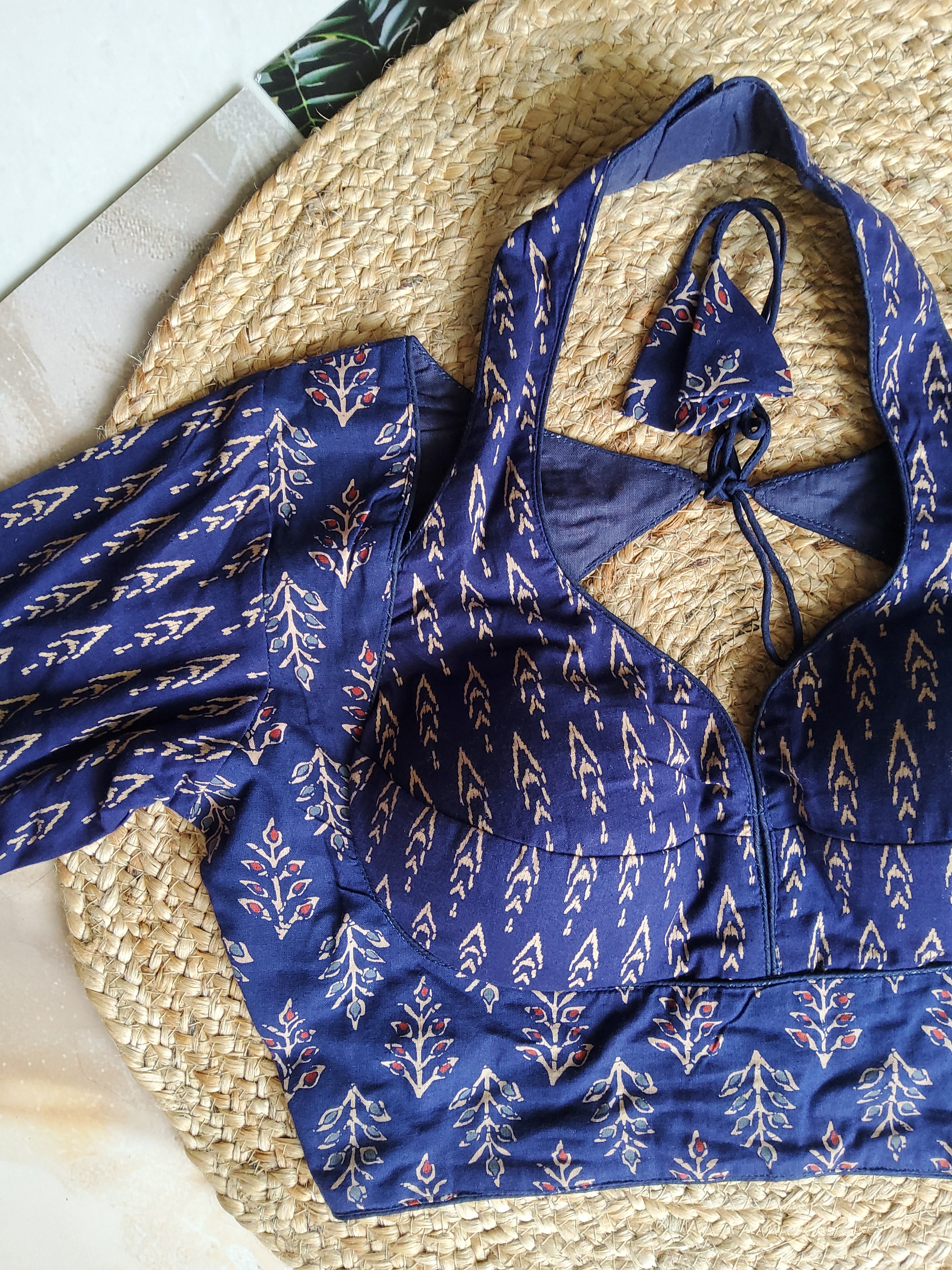 Ajrakh Cotton Half Sleeve Halter neck (with hook) Padded blouse