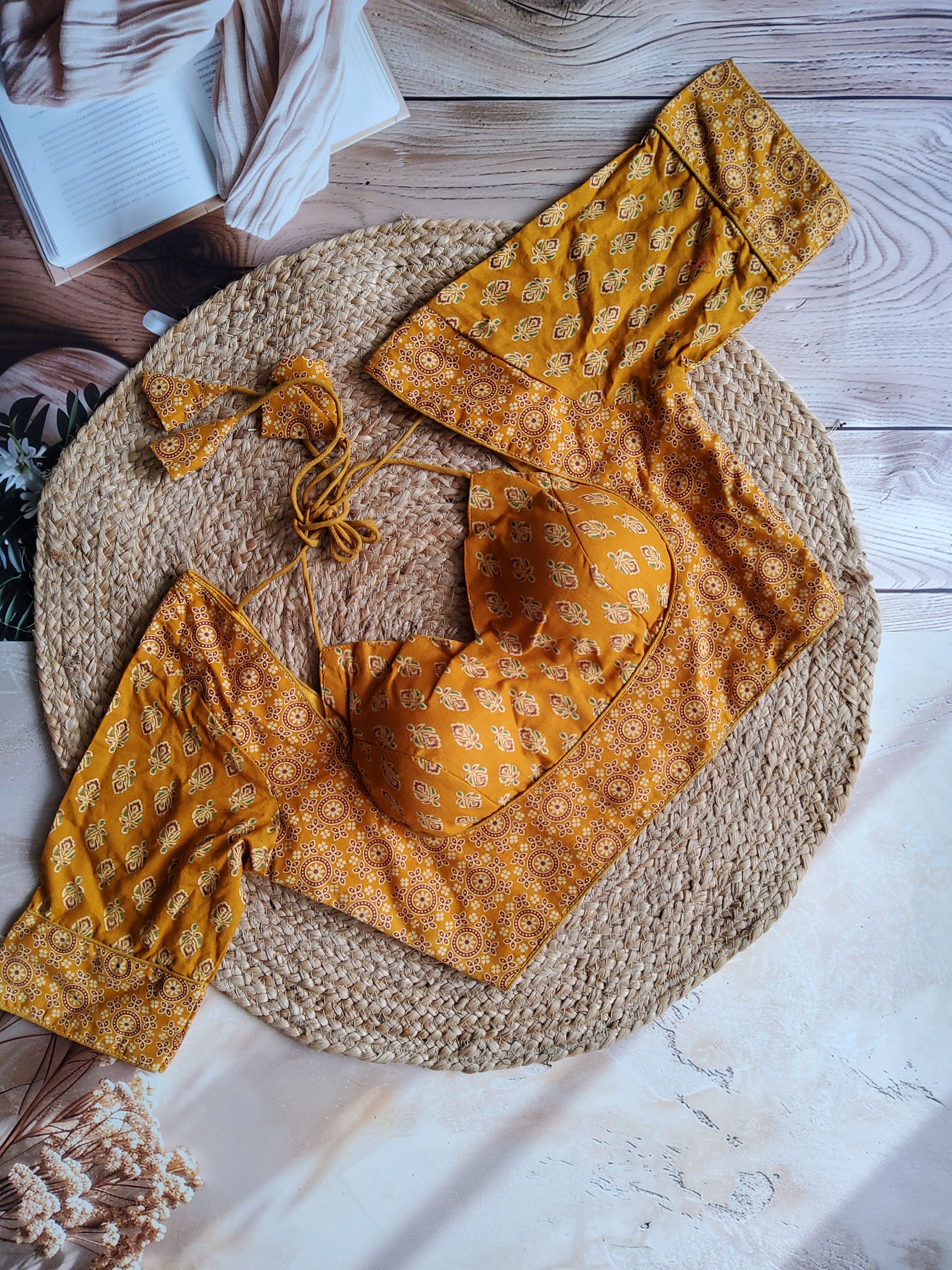 Ajrakh Cotton Half Sleeve Halter neck (with knot) Padded blouse