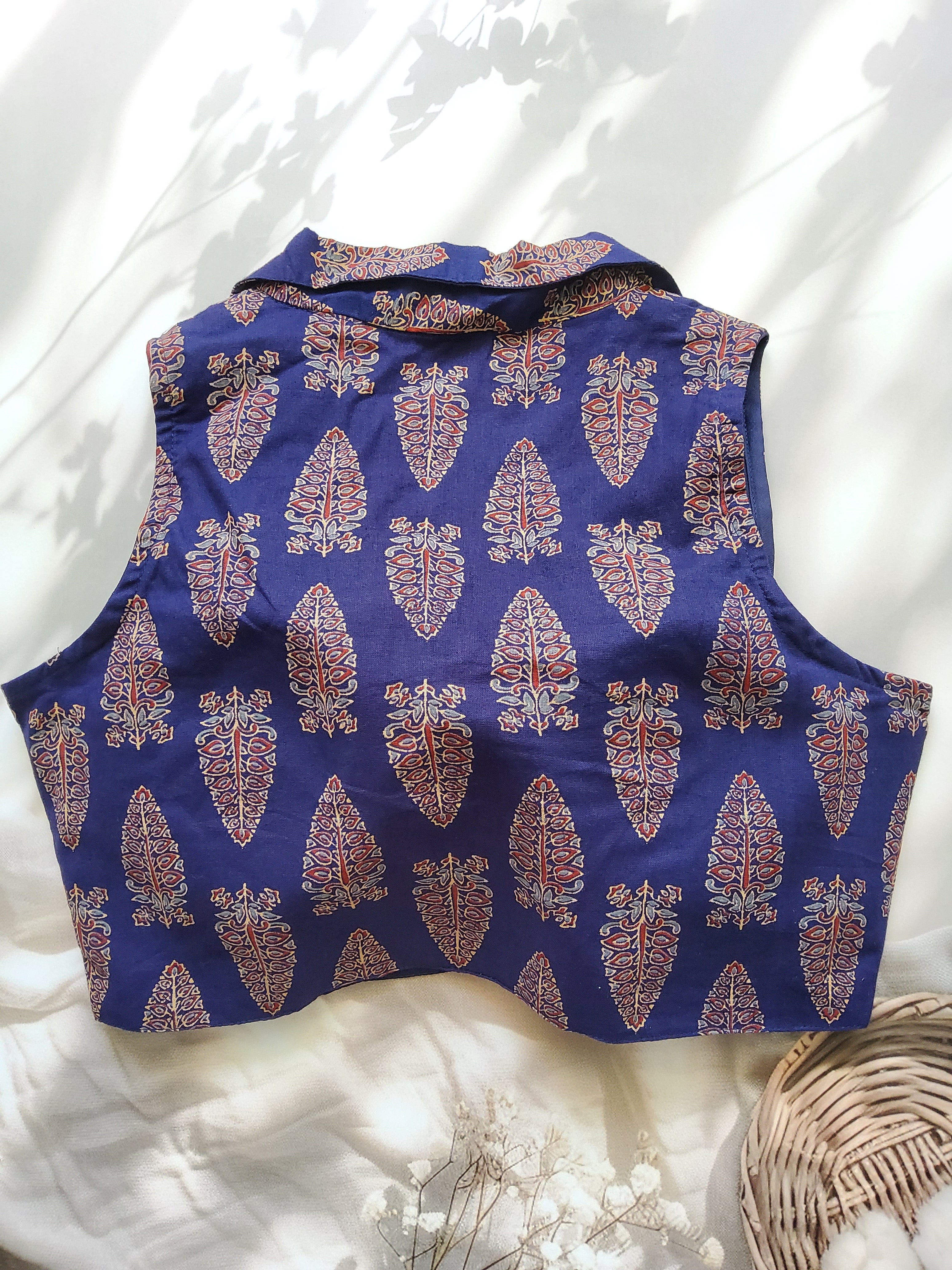 Ajrakh Cotton Sleeveless Notched Collared Padded Blouse