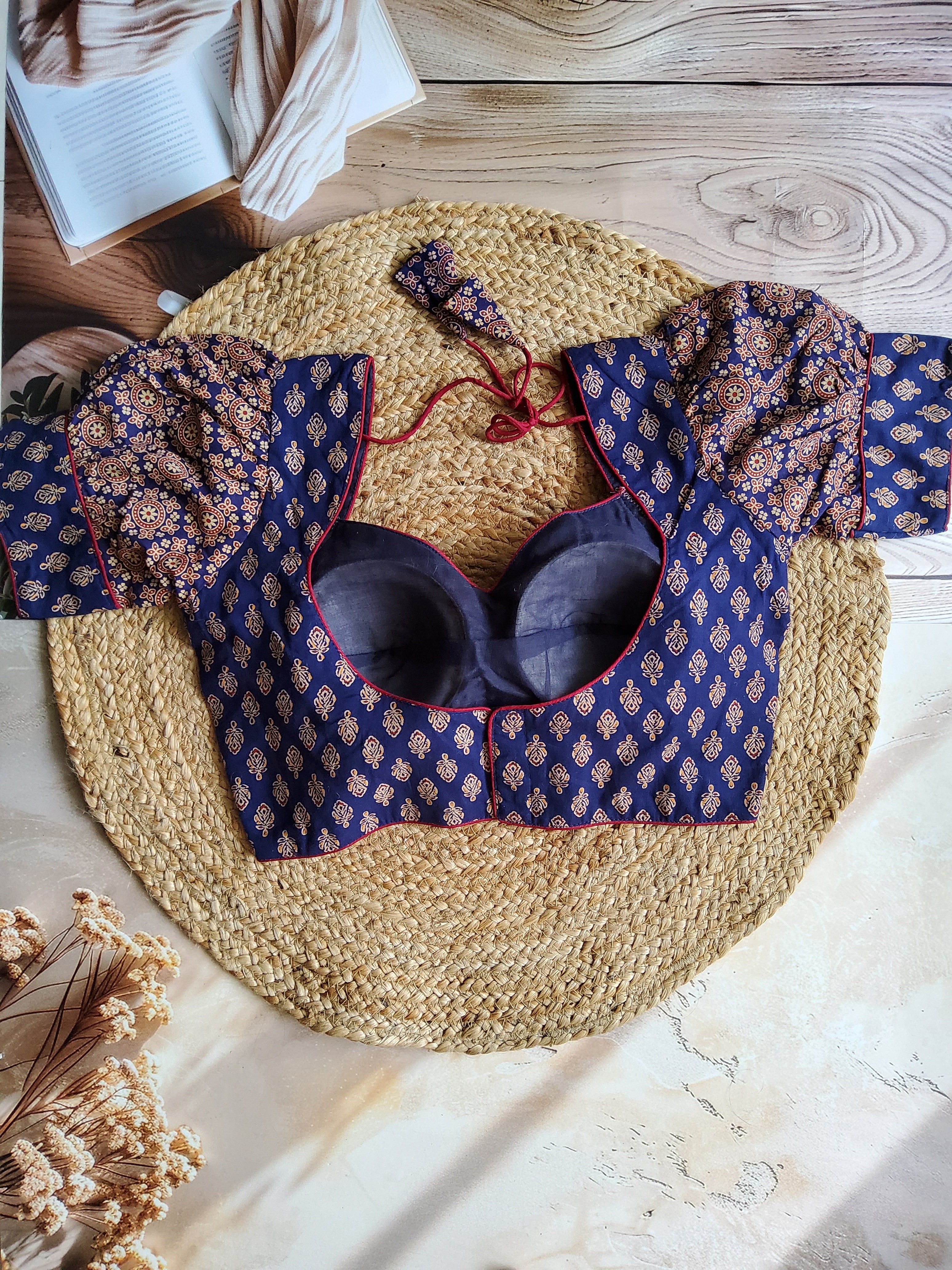 Ajrakh Katori blouse with puff sleeves