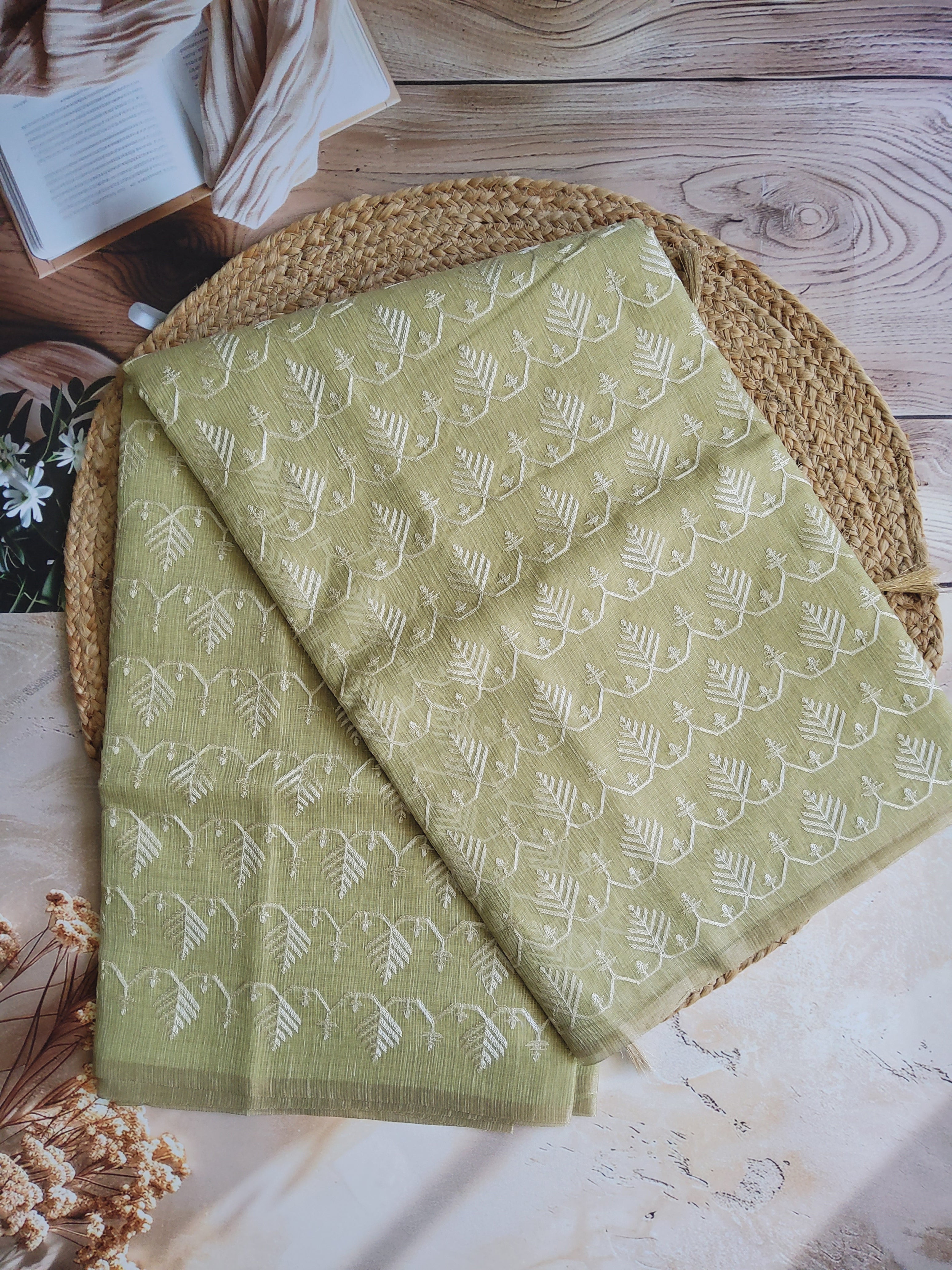 Kota tissue saree in light olive shade