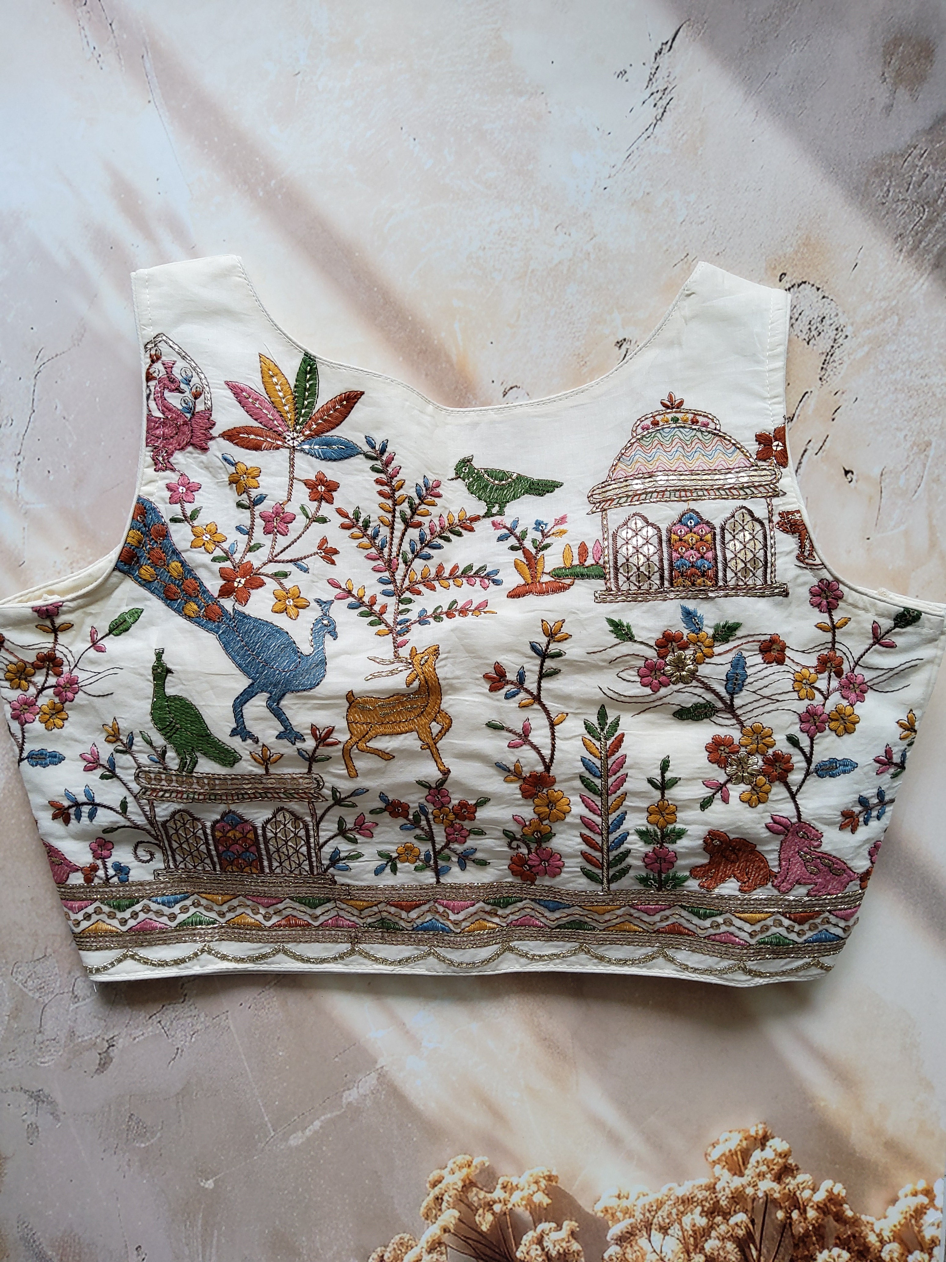 Khadi sweetheart neck blouse in floral embroidery