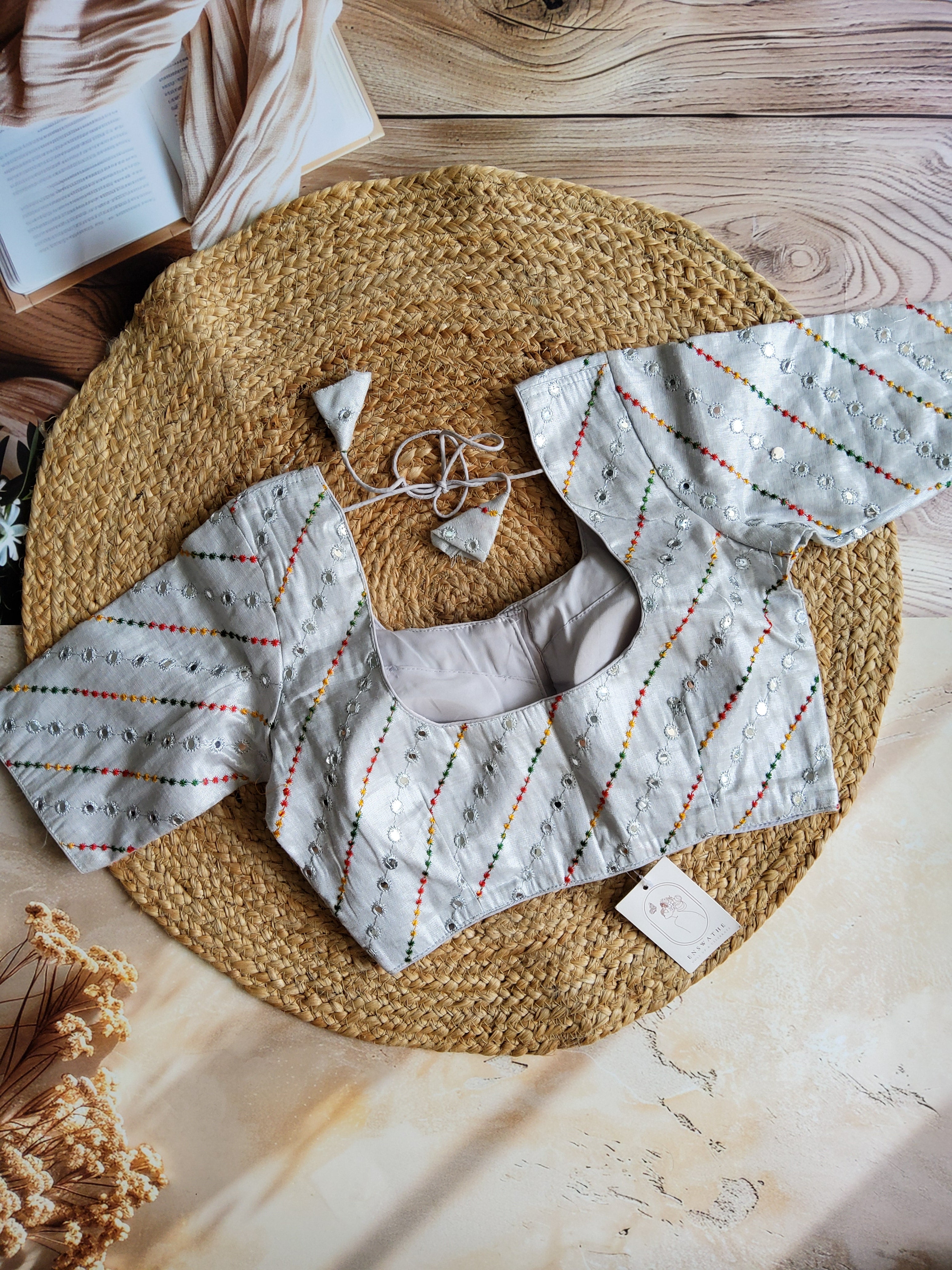 Multi colour thread and mirror embroidered tissue blouse