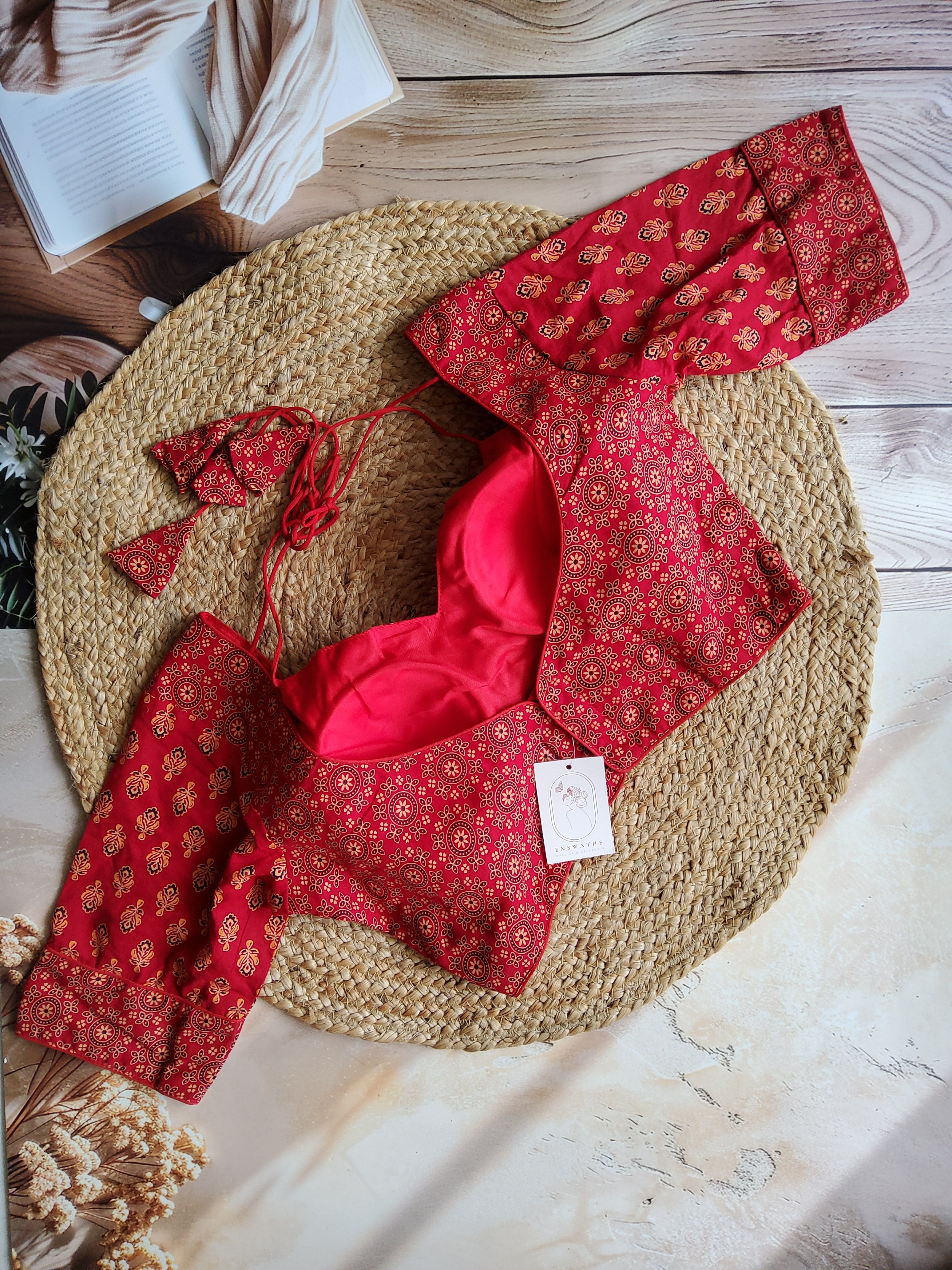 Ajrakh Cotton Half Sleeve Halter neck (with knot) Padded blouse