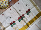 Kerala kasavu saree with floral embroidery