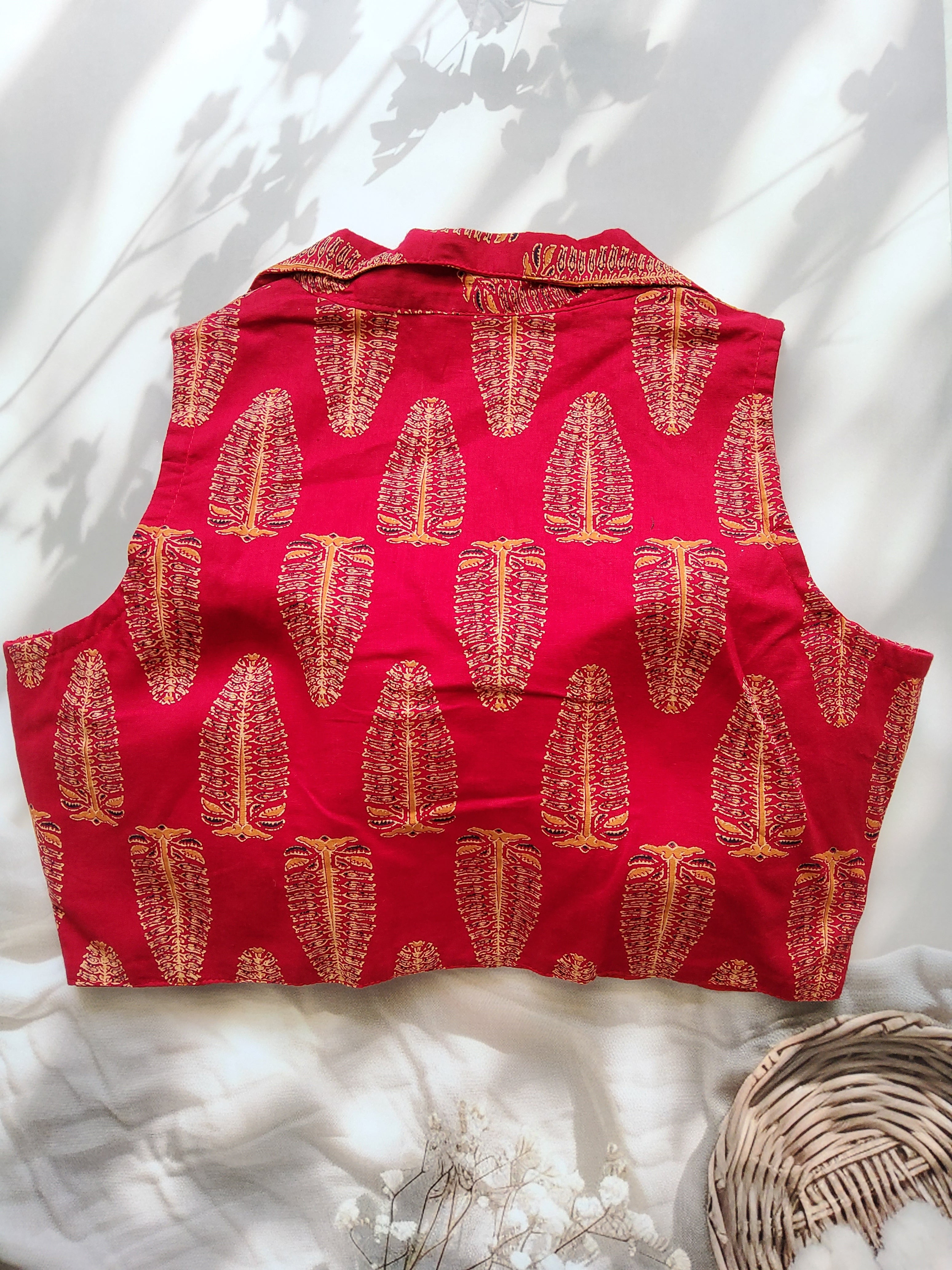 Ajrakh Cotton Sleeveless Notched Collared Padded Blouse