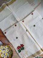 Kerala kasavu saree with floral embroidery