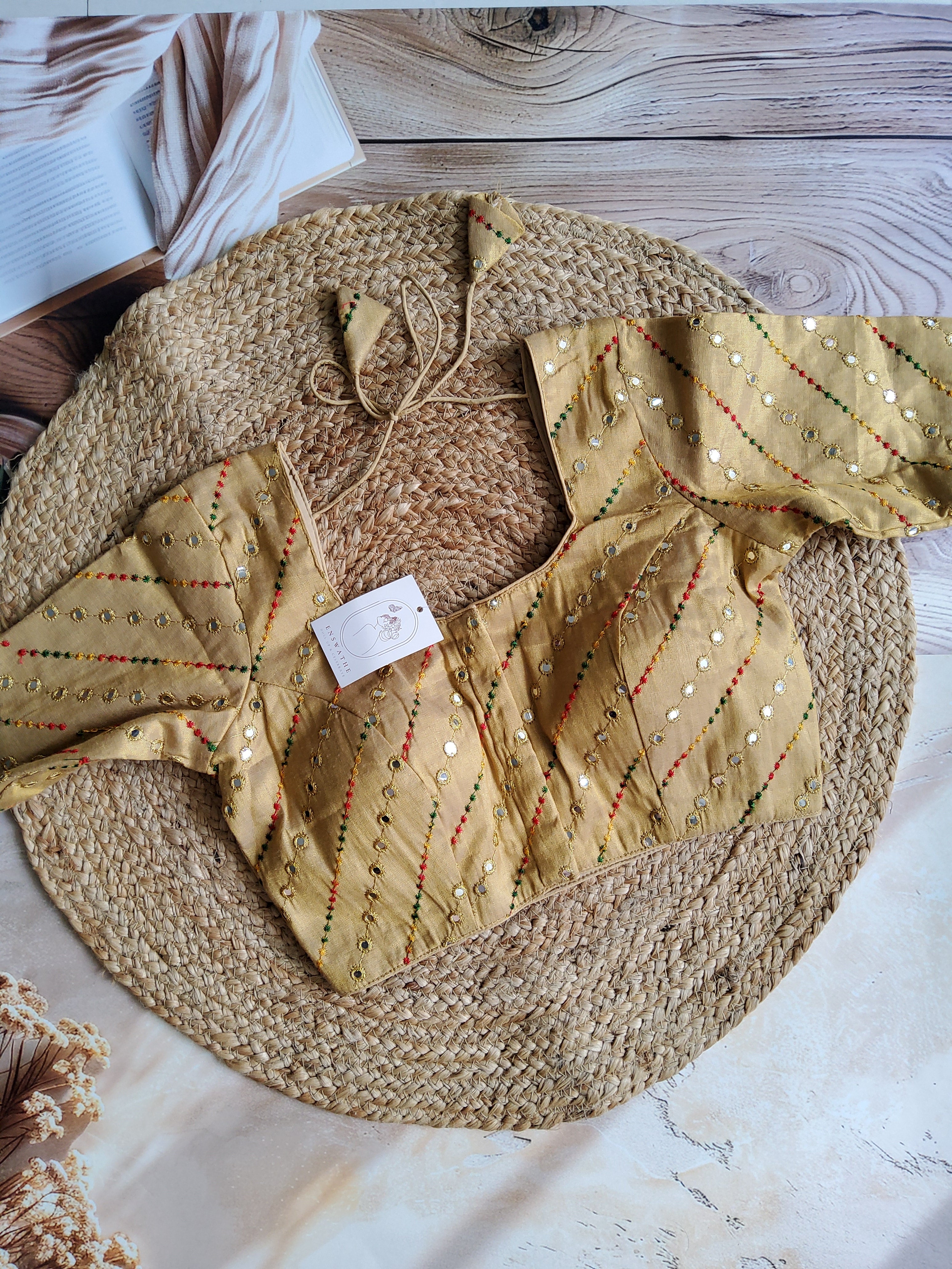 Multi colour thread and mirror embroidered tissue blouse