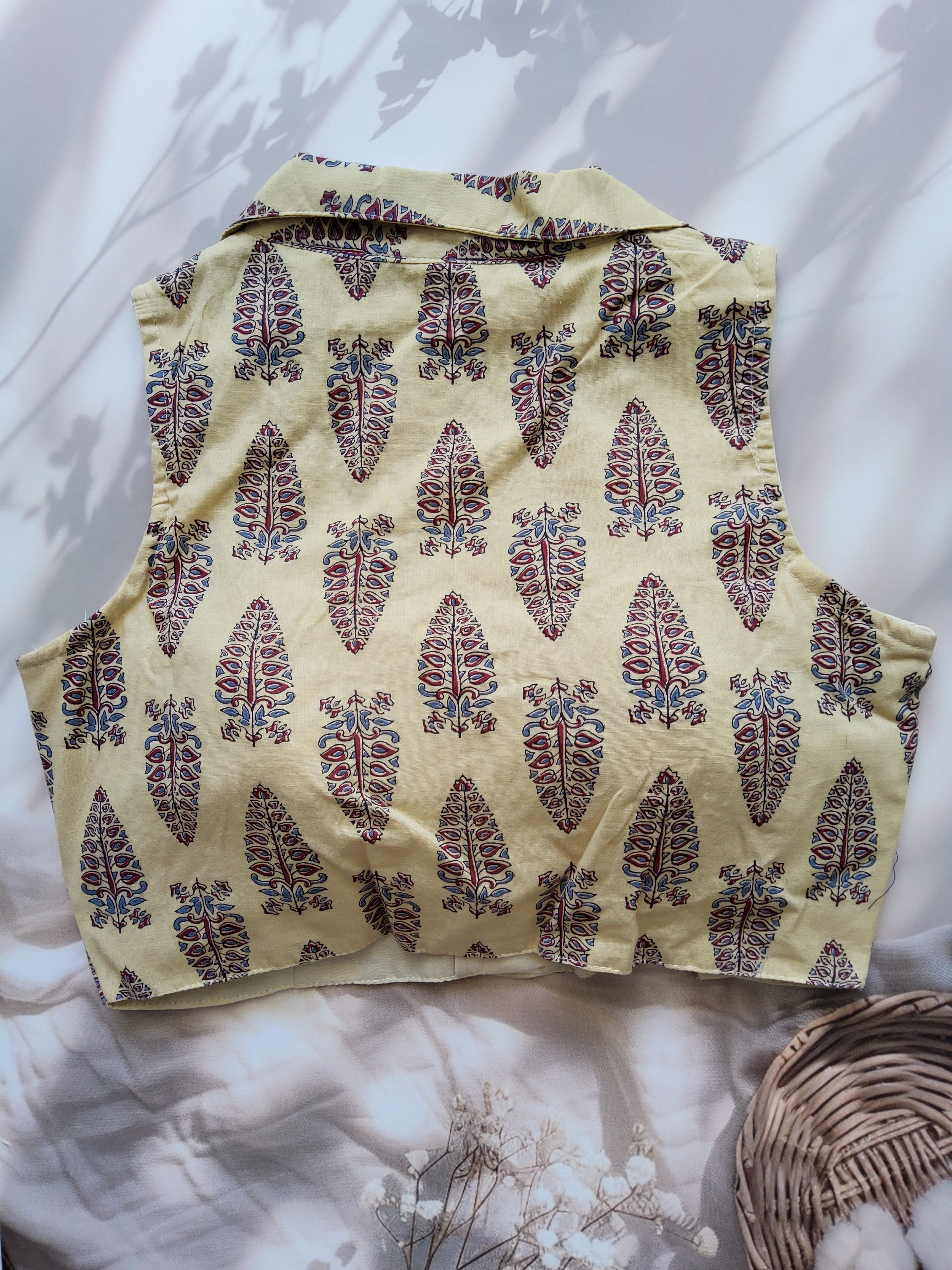 Ajrakh Cotton Sleeveless Notched Collared Padded Blouse