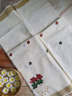 Kerala kasavu saree with floral embroidery