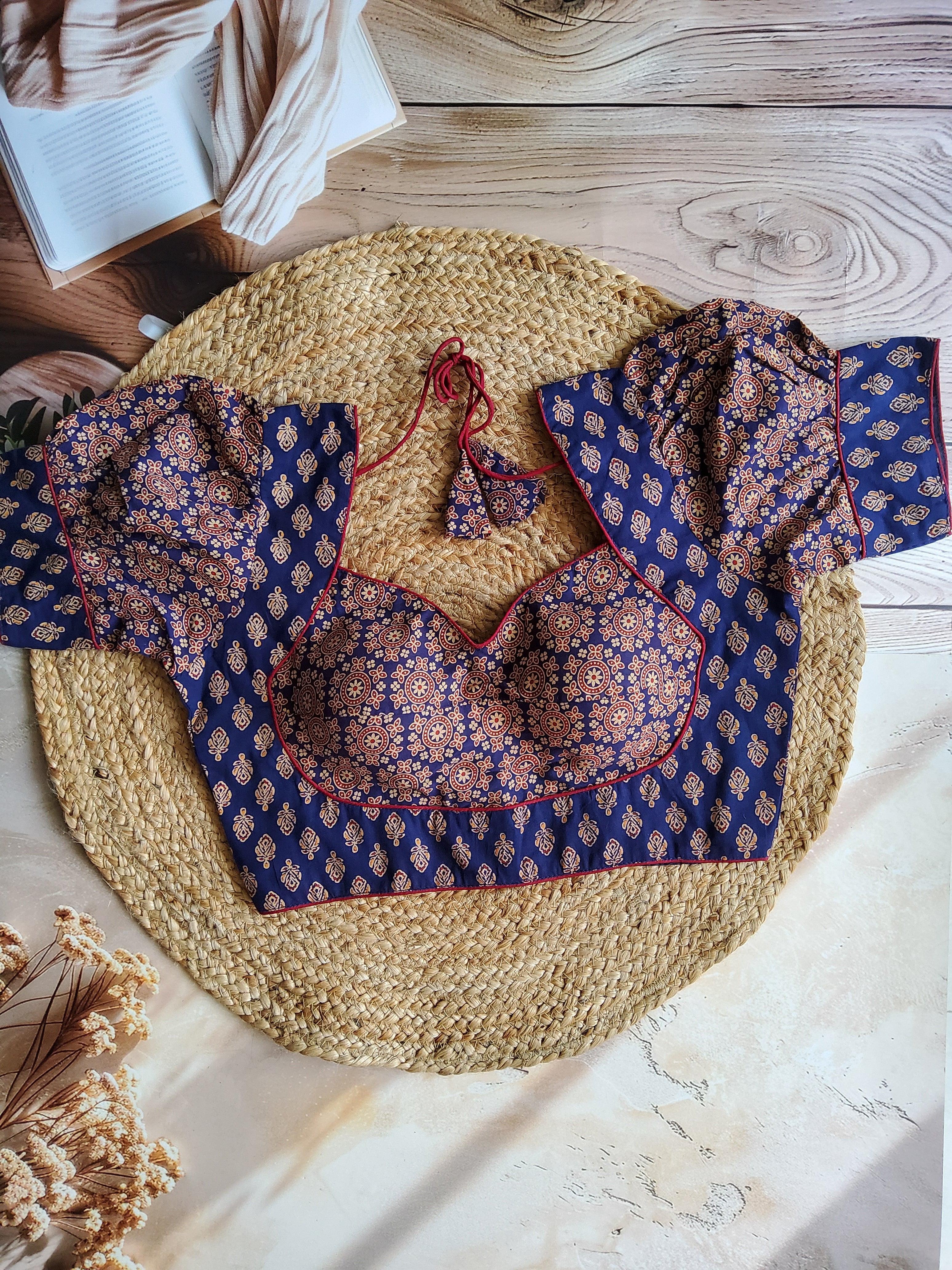 Ajrakh Katori blouse with puff sleeves