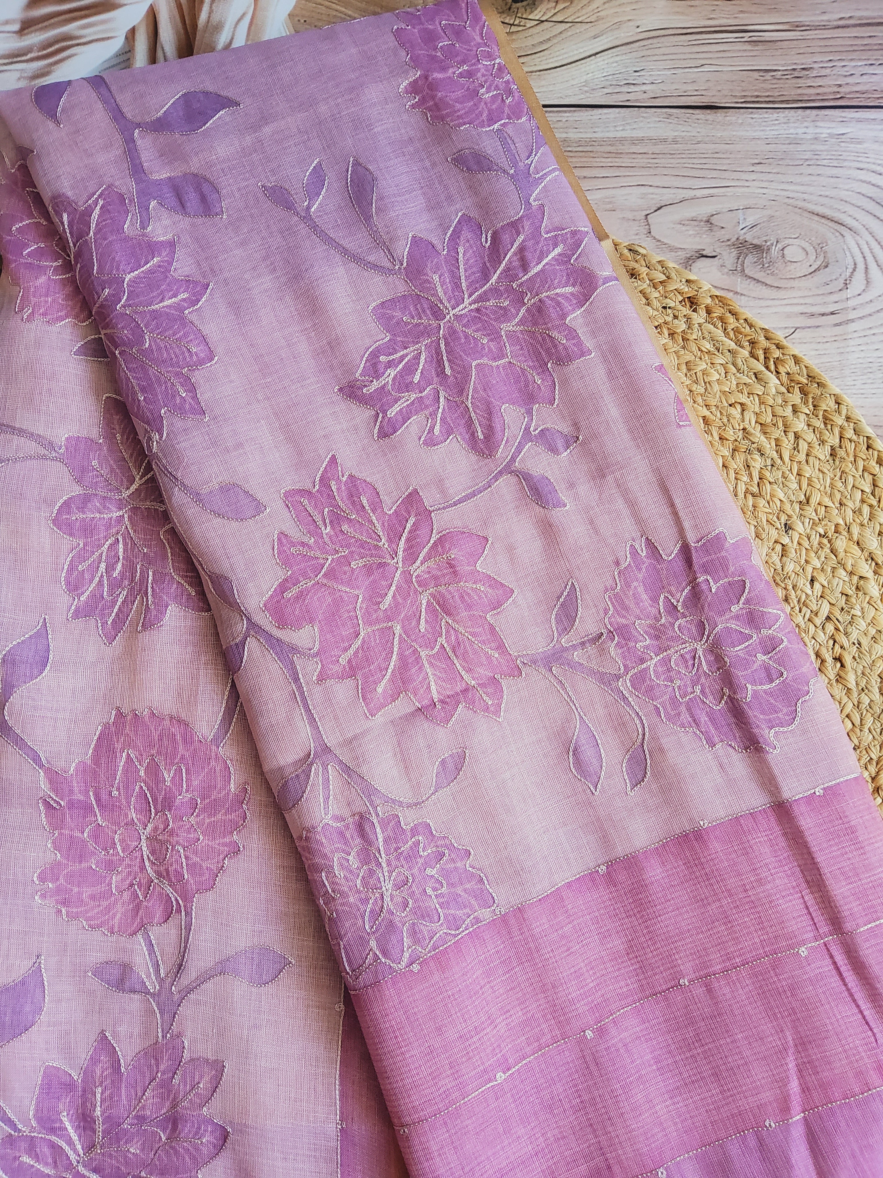 Linen tissue saree in Lavender and Pink floral thread work