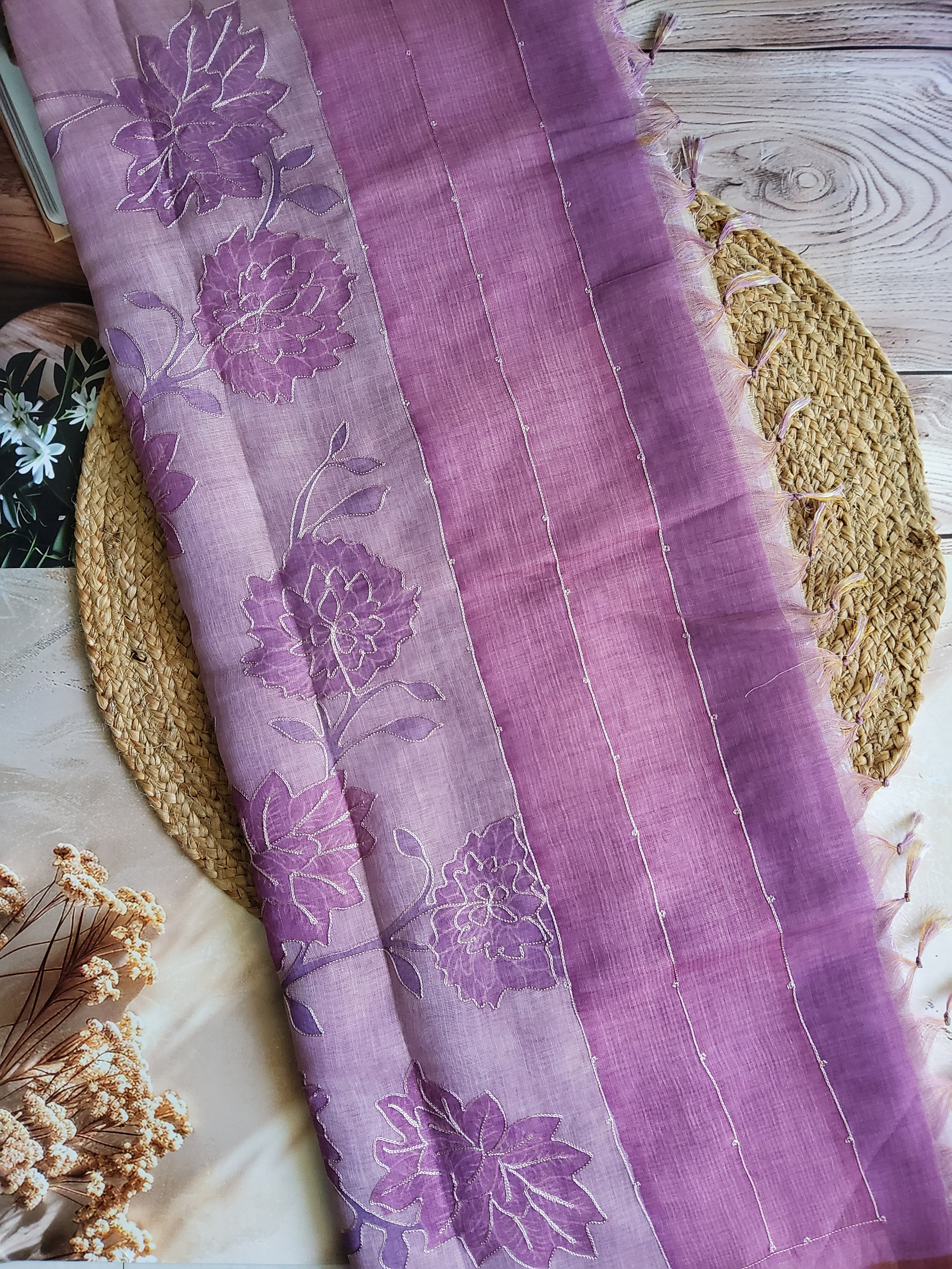 Linen tissue saree in Lavender and Pink floral thread work